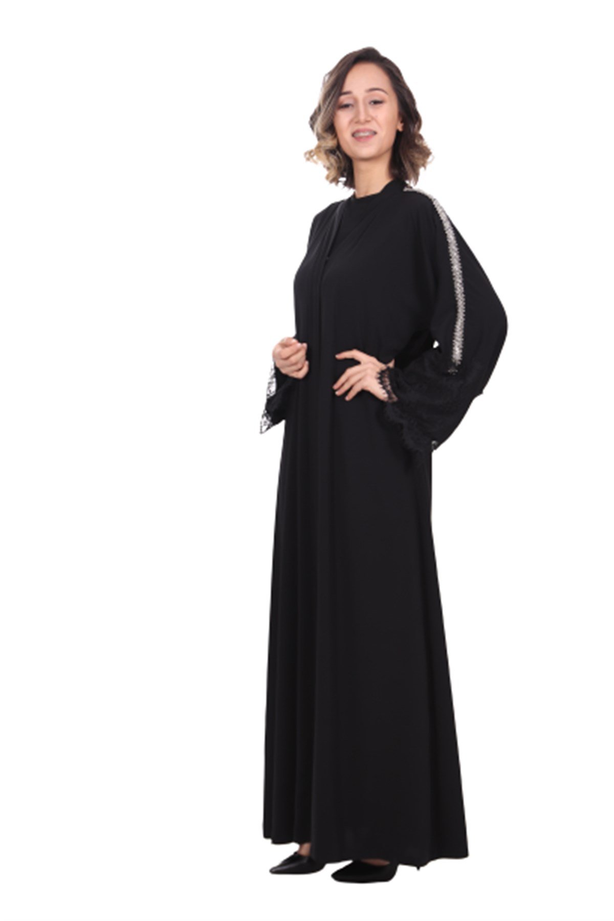 Şerit Taşlı Abaya - Siyah