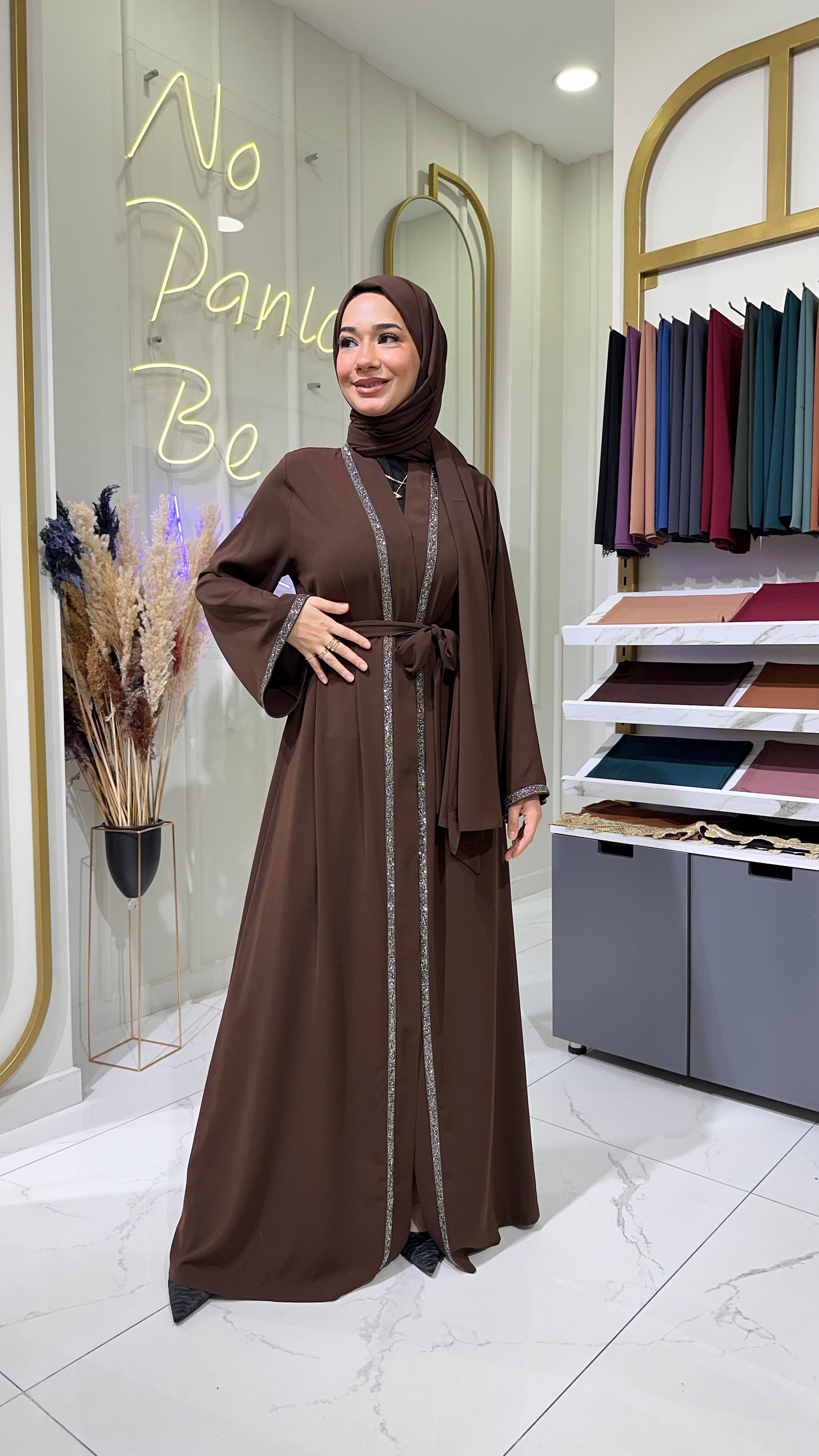 Taş Şerit Abaya - Acı Kahve 