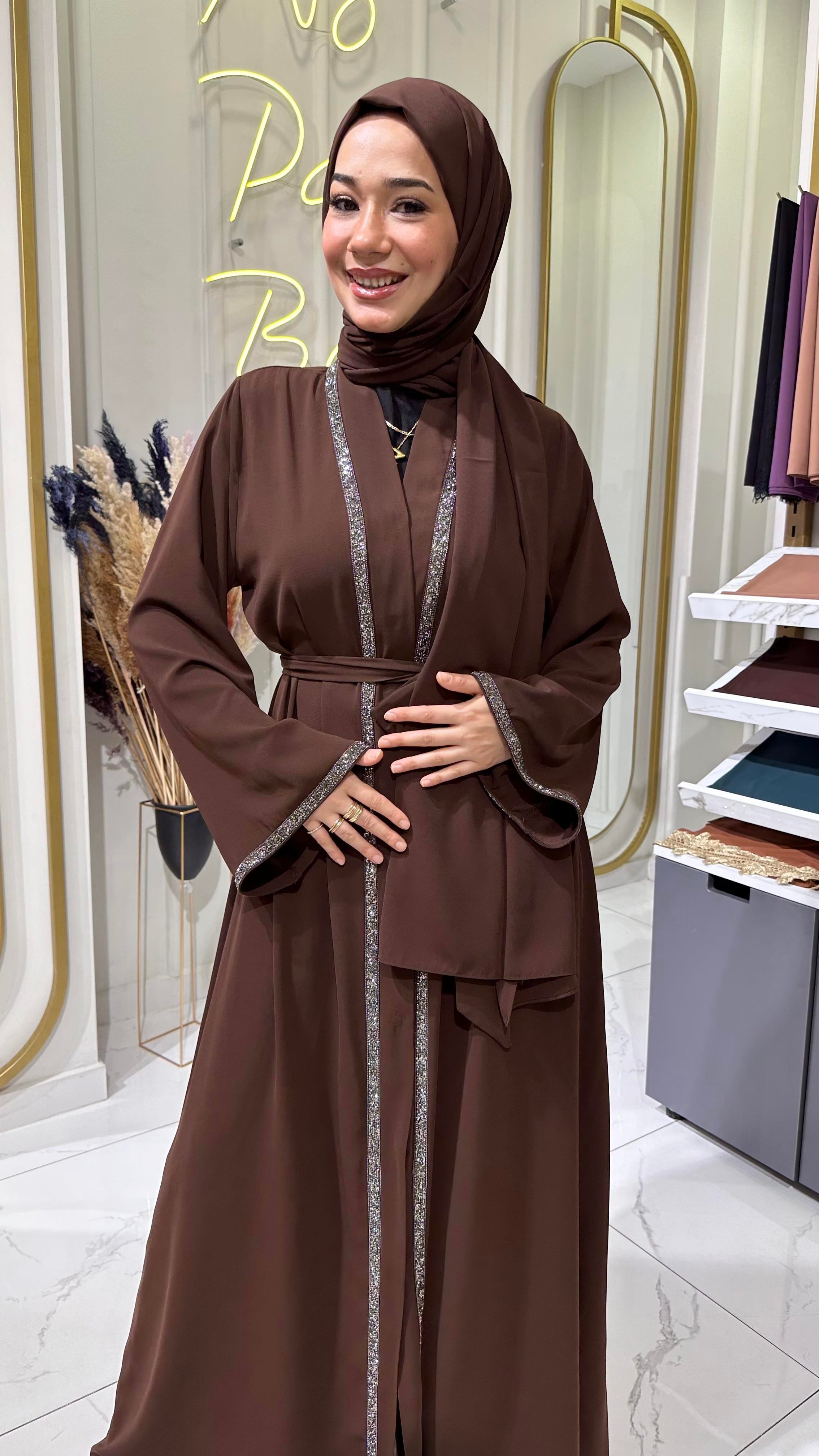 Taş Şerit Abaya - Acı Kahve 