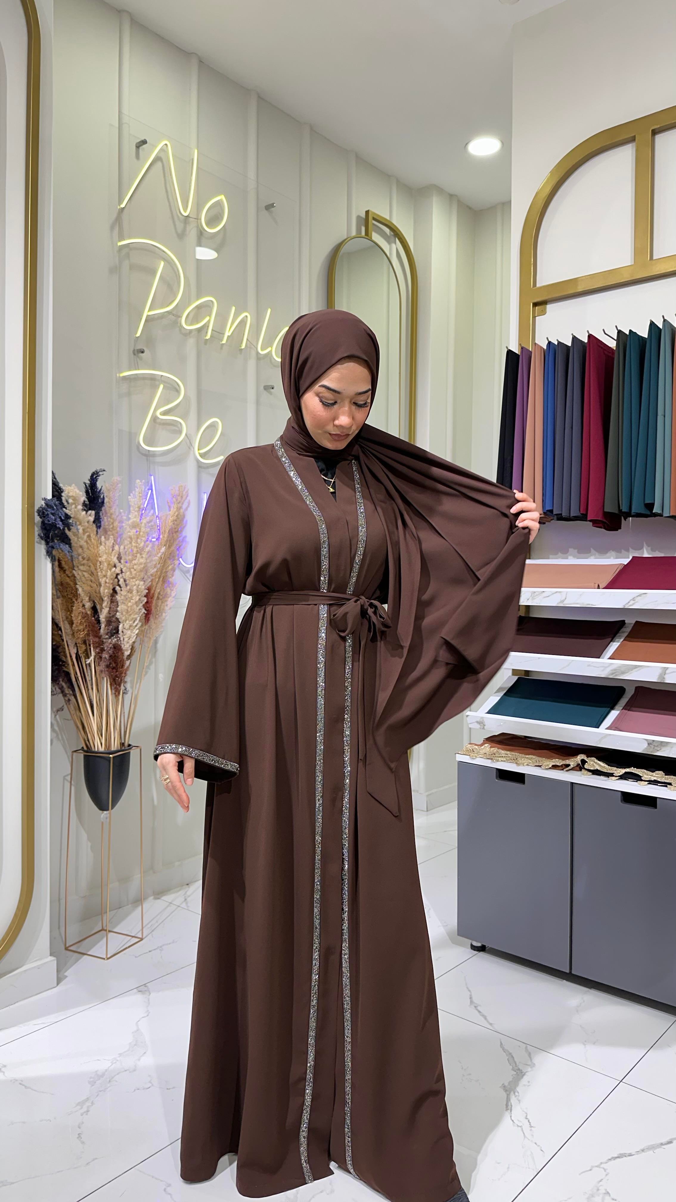 Taş Şerit Abaya - Acı Kahve 
