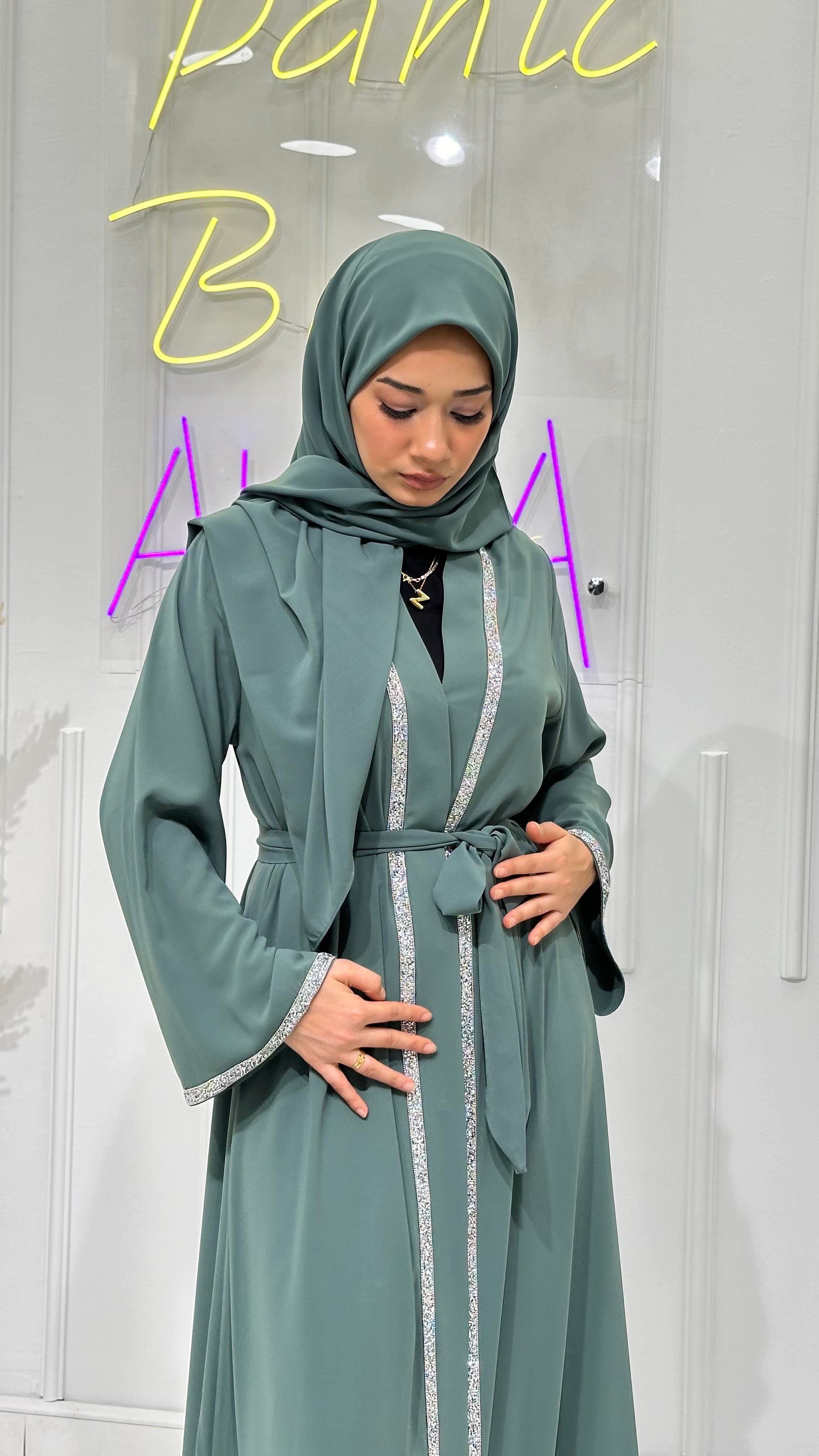 Taş Şerit Abaya - Mint Yeşili 