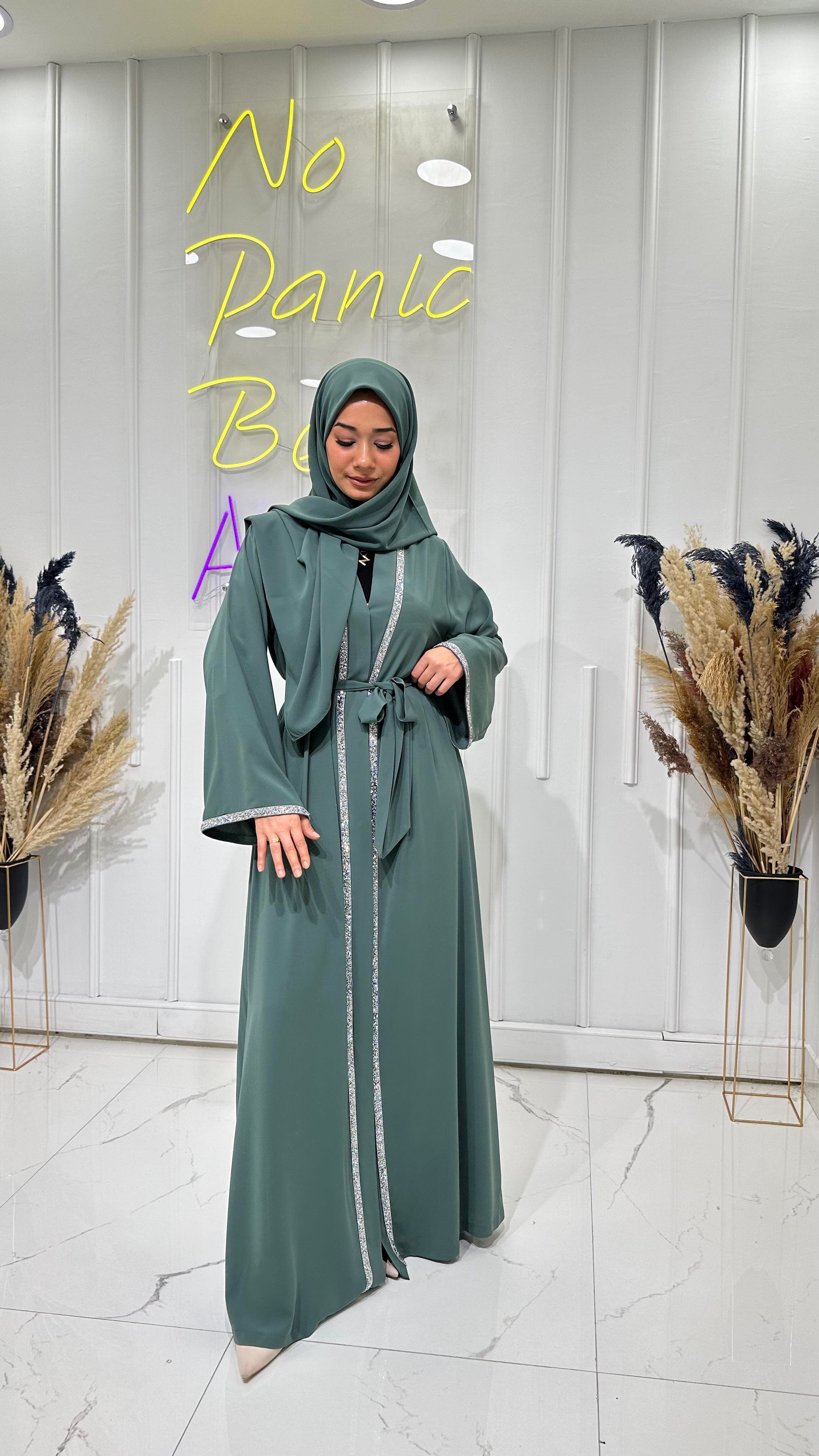 Taş Şerit Abaya - Mint Yeşili 