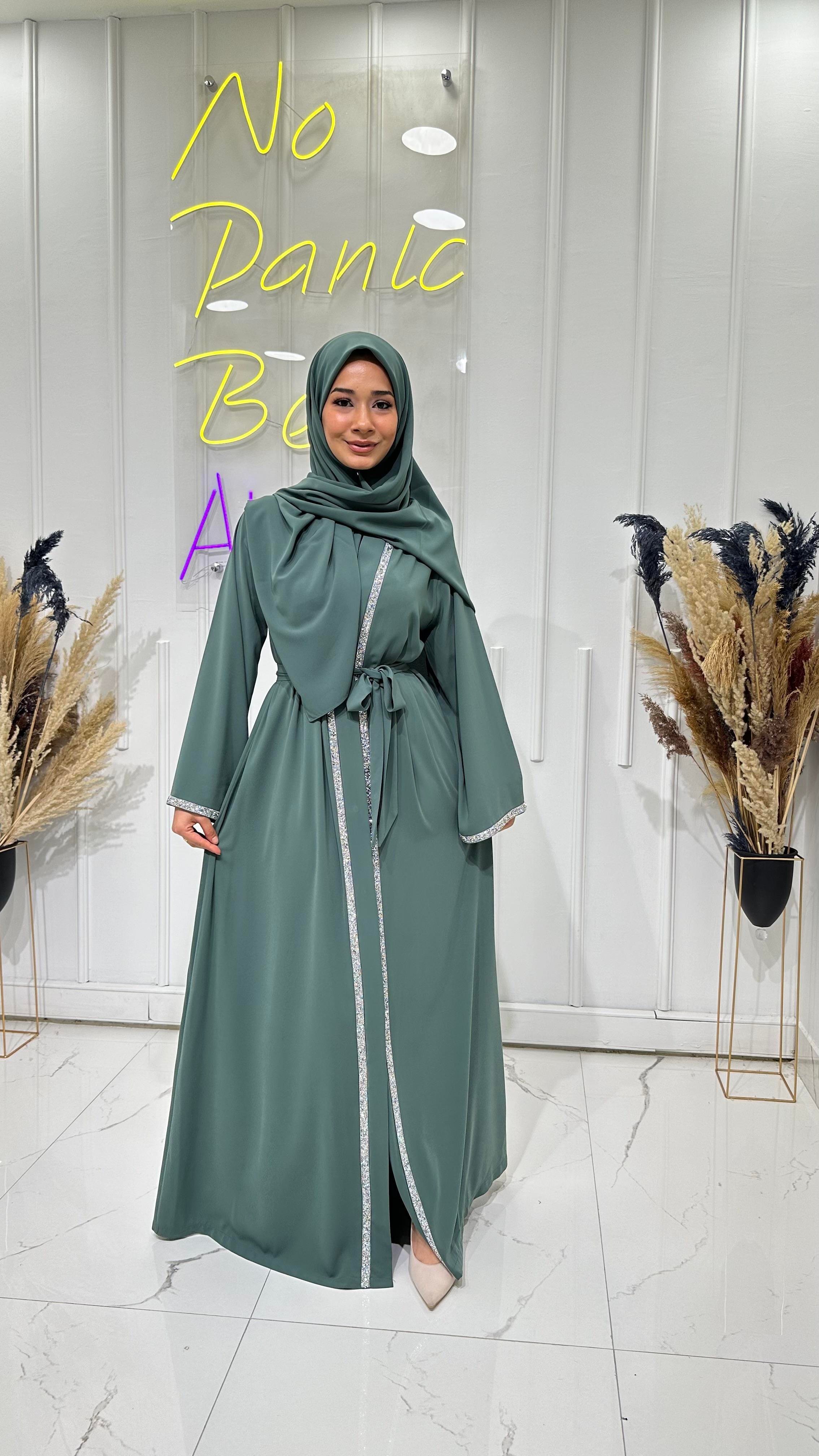 Taş Şerit Abaya - Mint Yeşili 