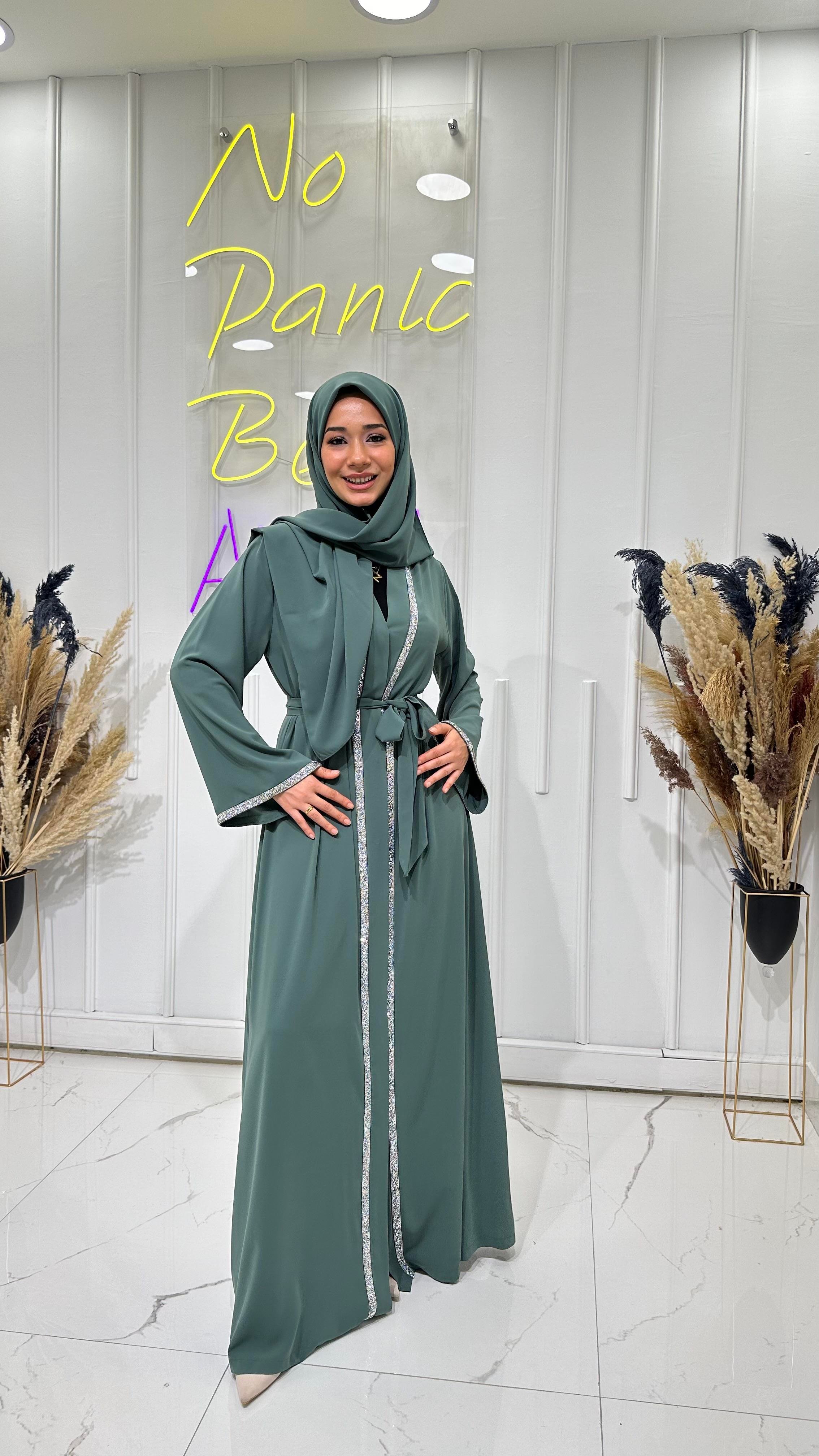 Taş Şerit Abaya - Mint Yeşili 