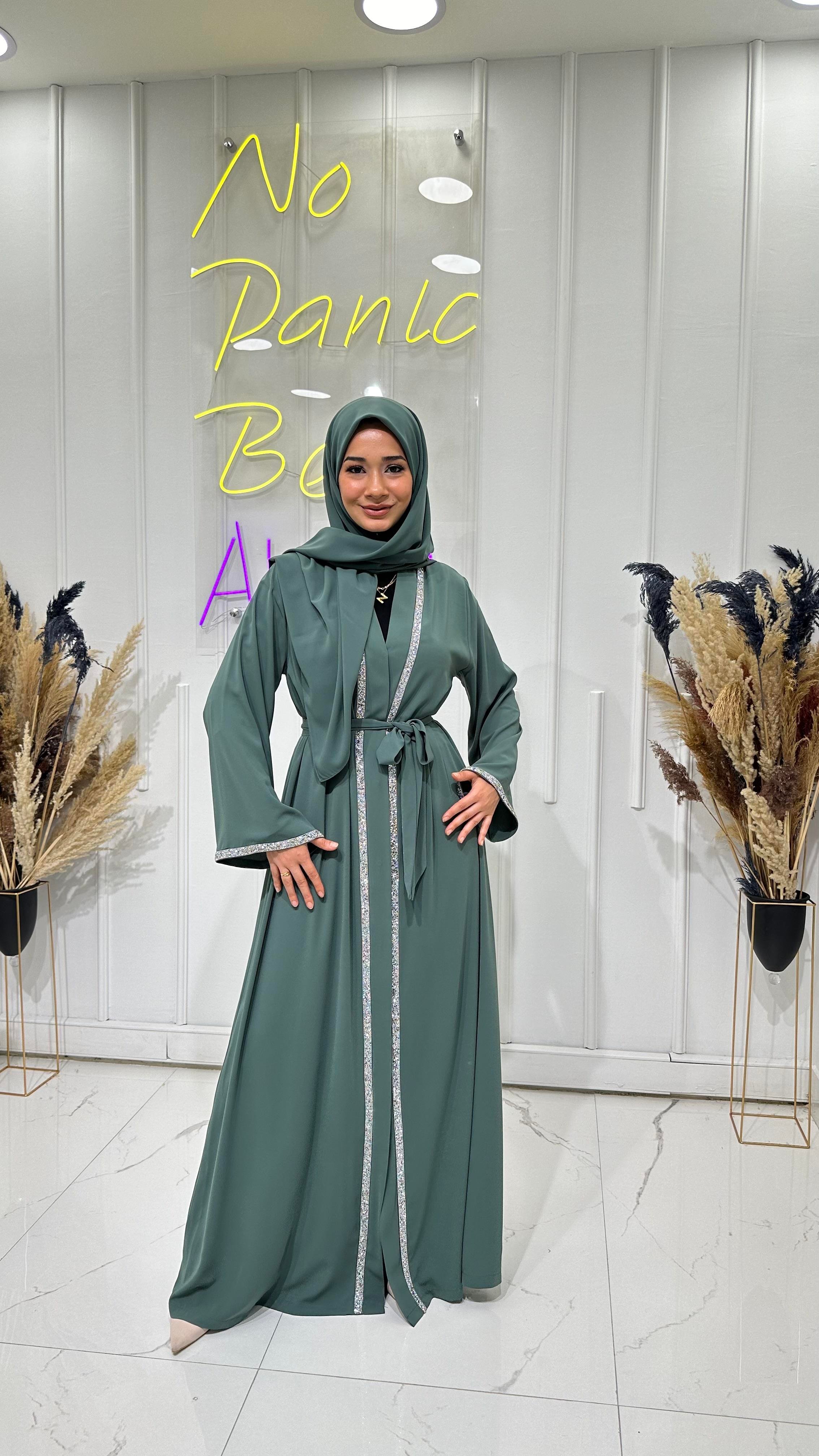 Taş Şerit Abaya - Mint Yeşili 