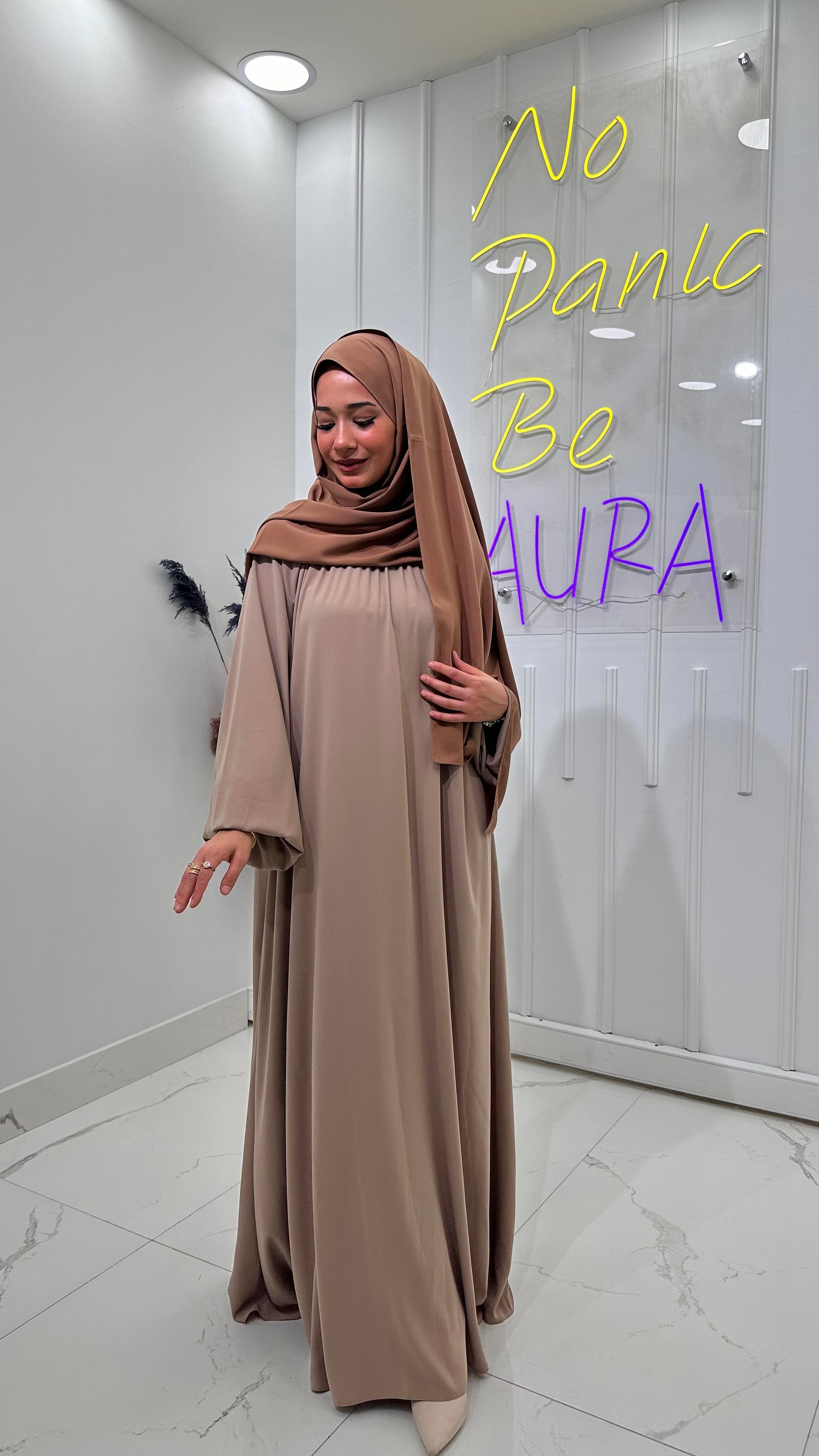 Yaka Büzgülü Elbise - Bej