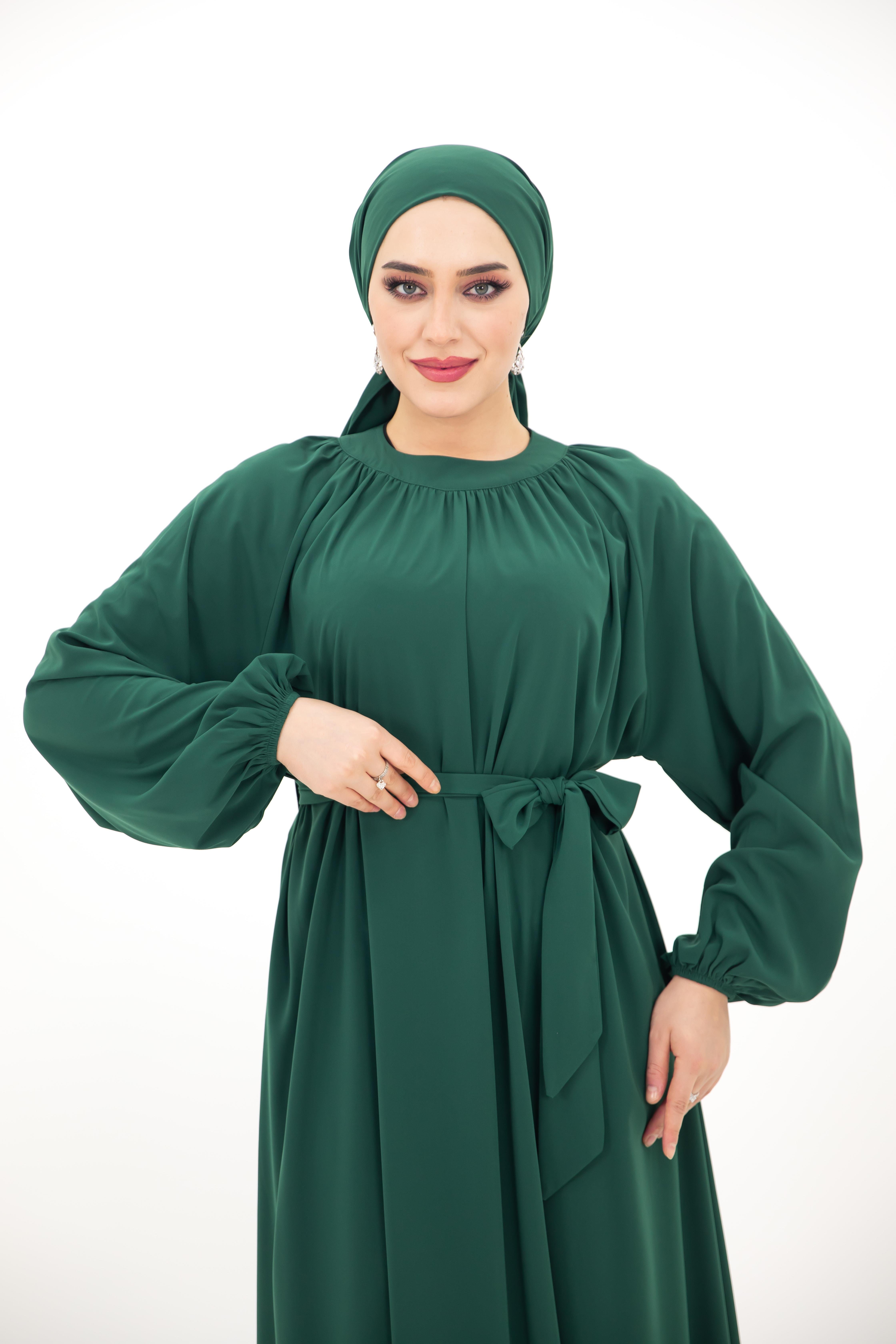 Yaka Büzgülü Elbise - Çimen Yeşili
