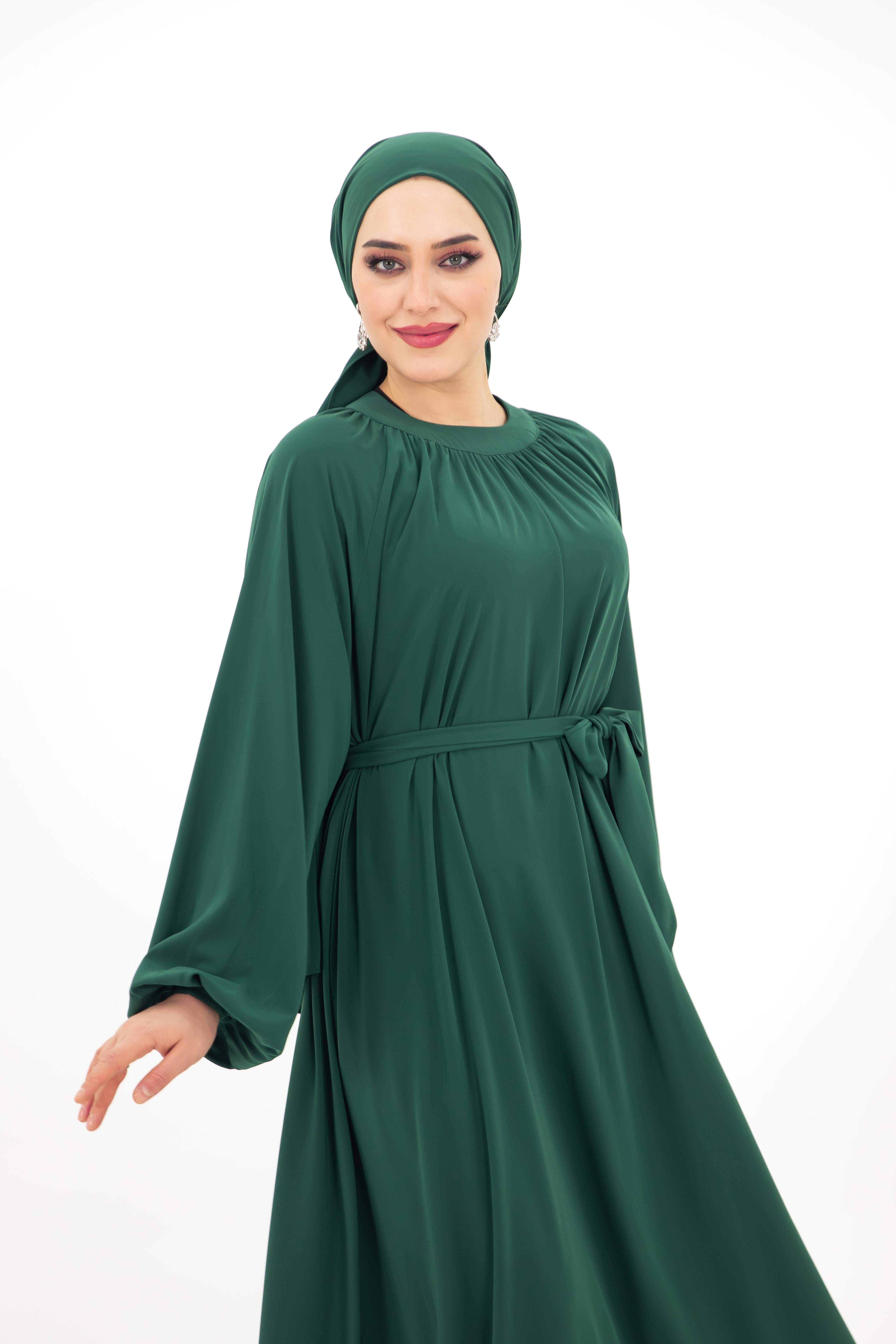 Yaka Büzgülü Elbise - Çimen Yeşili
