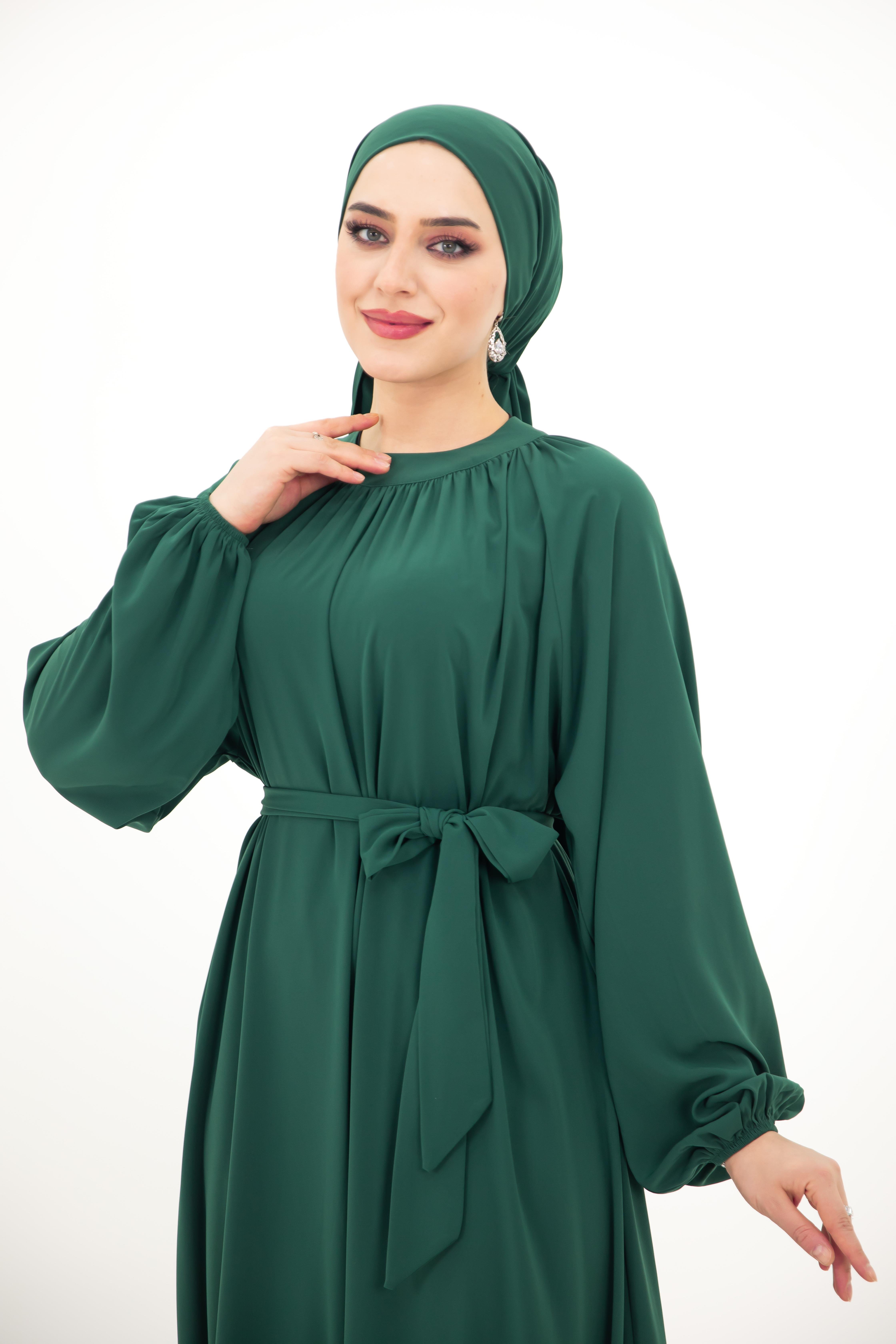 Yaka Büzgülü Elbise - Çimen Yeşili