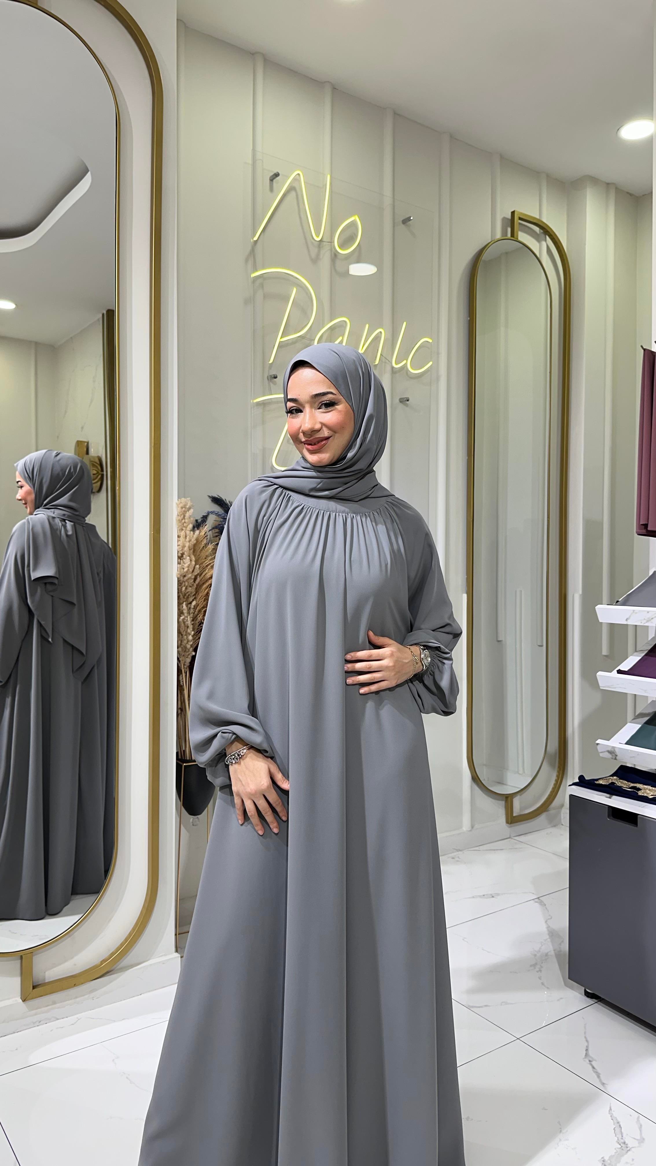 Yaka Büzgülü Elbise - Füme