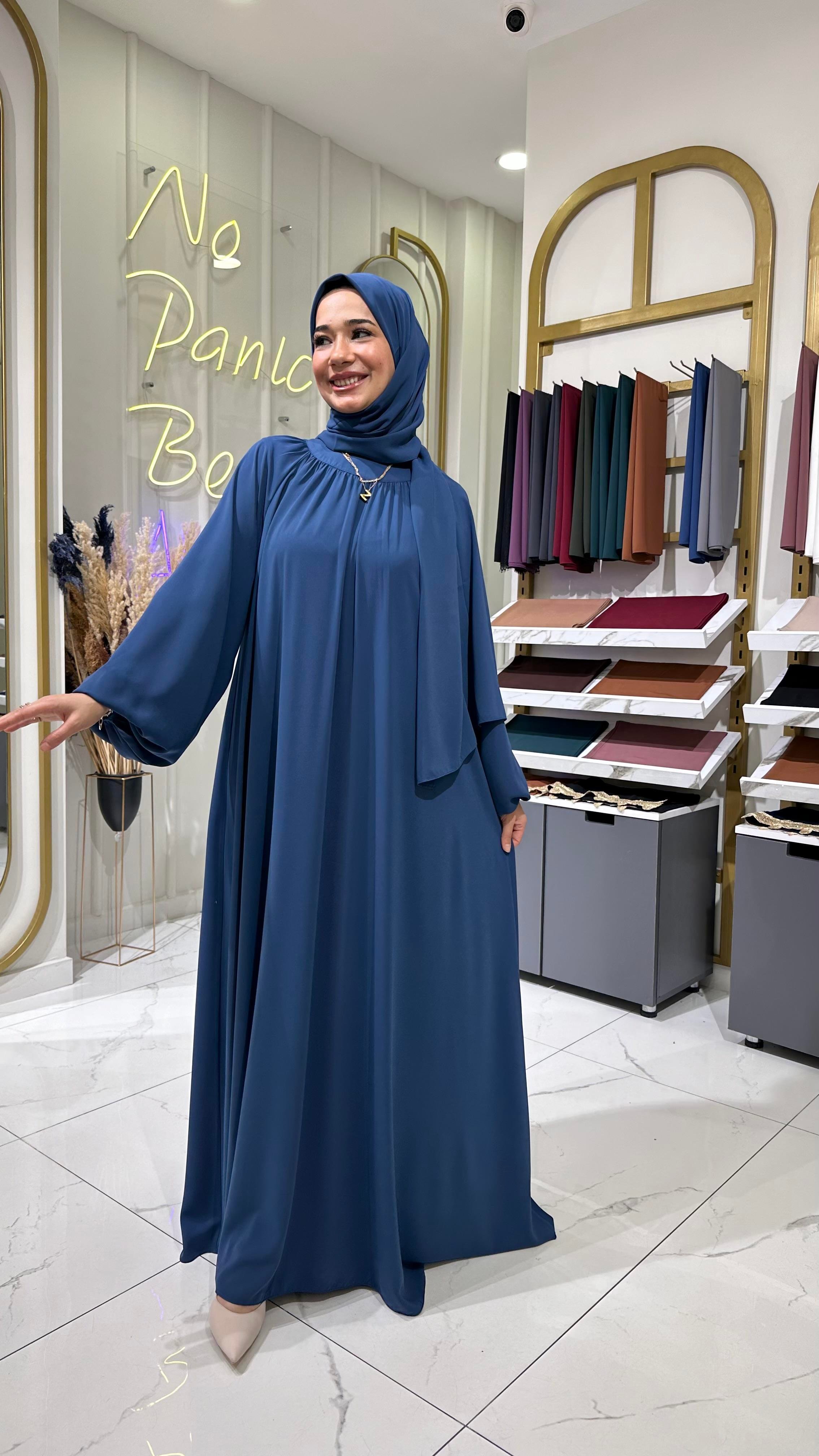Yaka büzgülü elbise indigo 