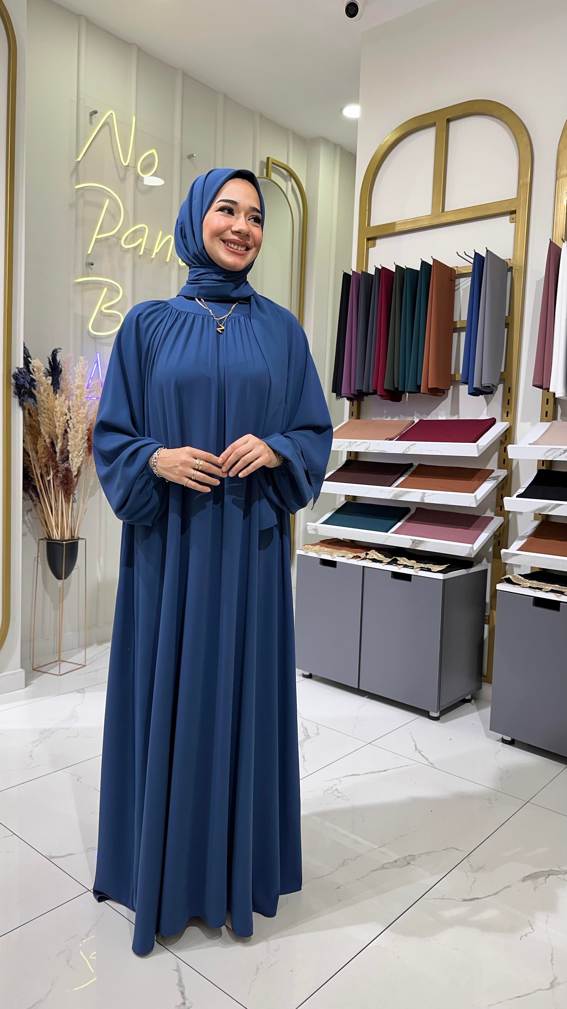 Yaka büzgülü elbise indigo 
