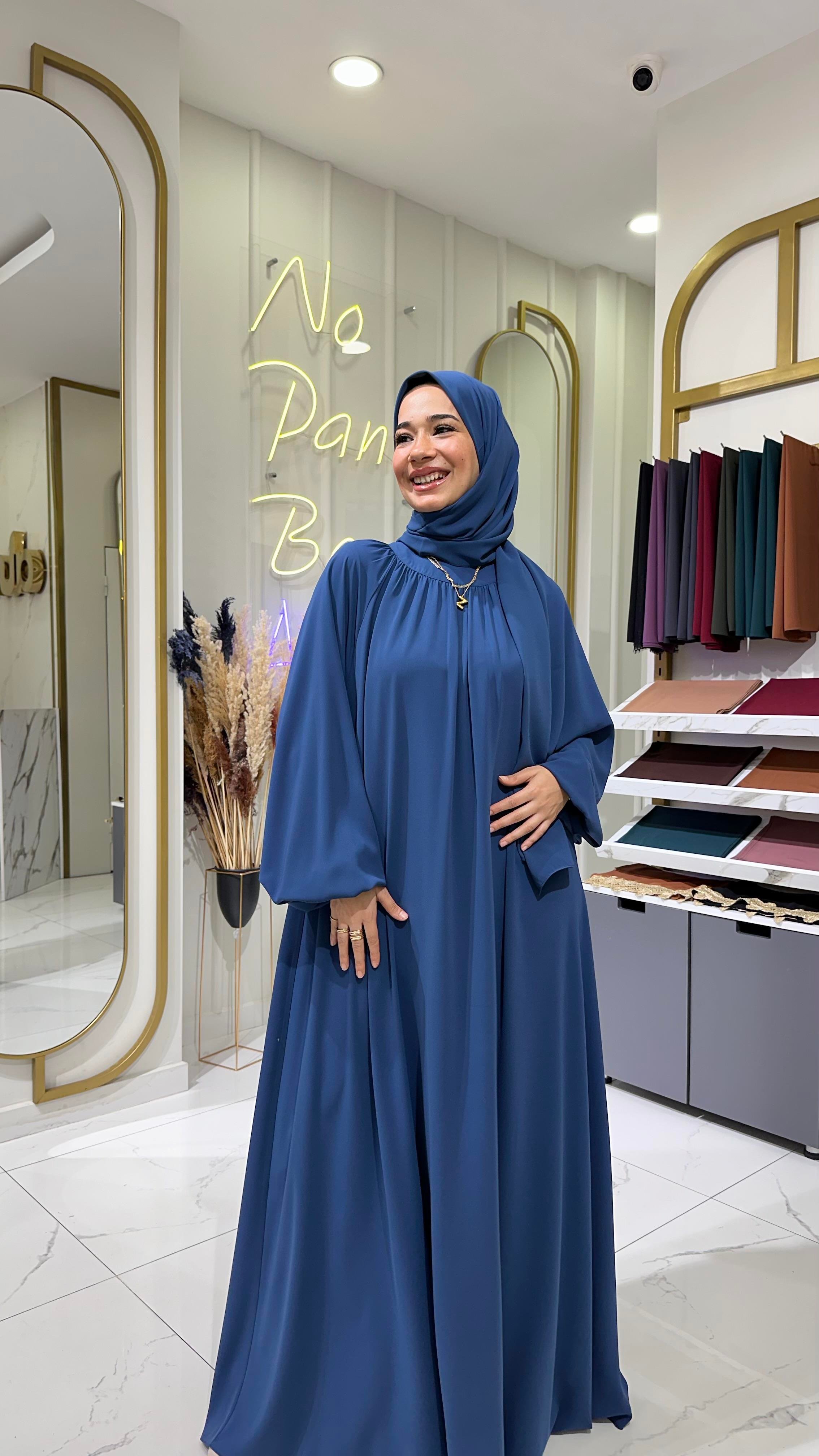 Yaka büzgülü elbise indigo 