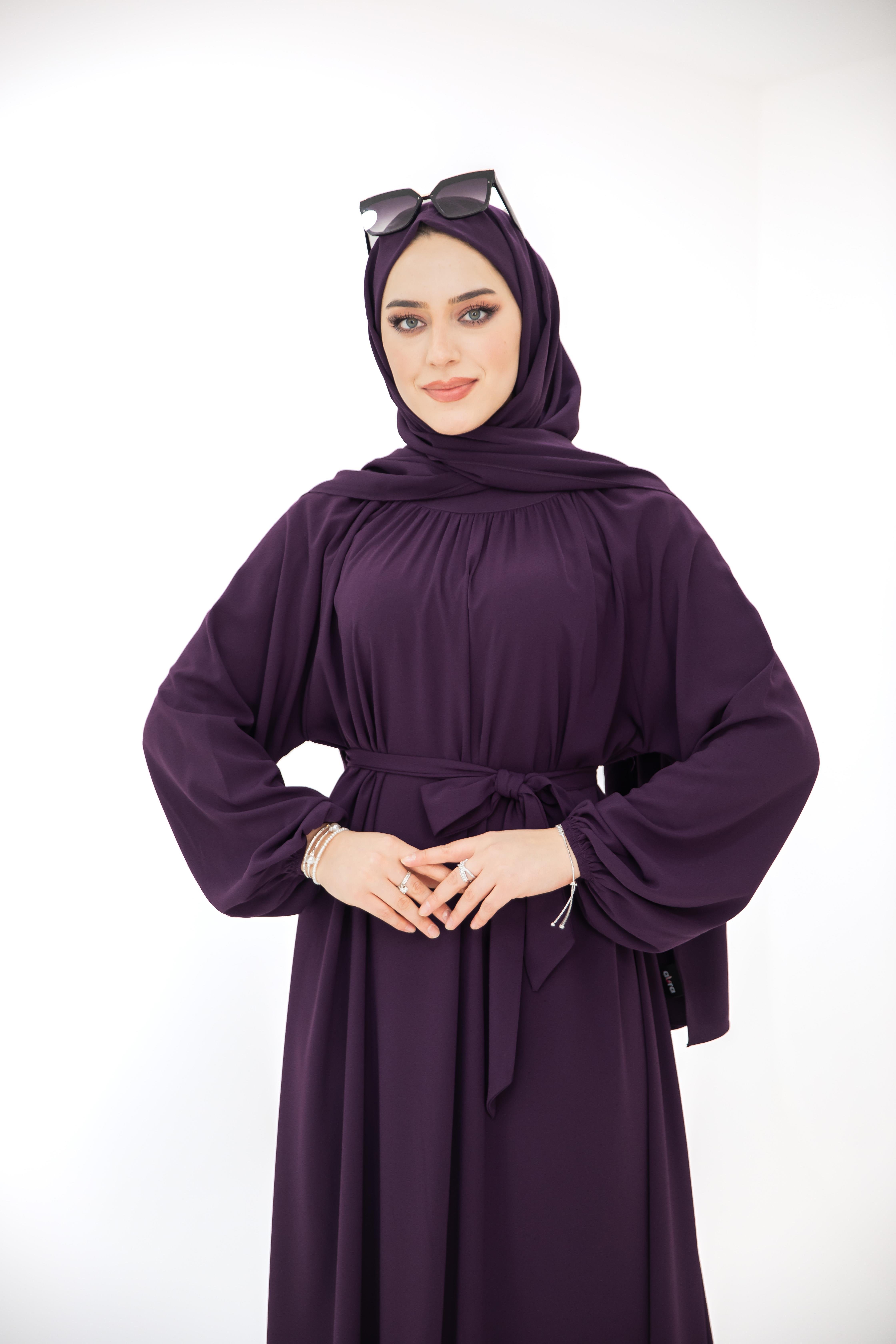 Yaka Büzgülü Elbise - Mürdüm