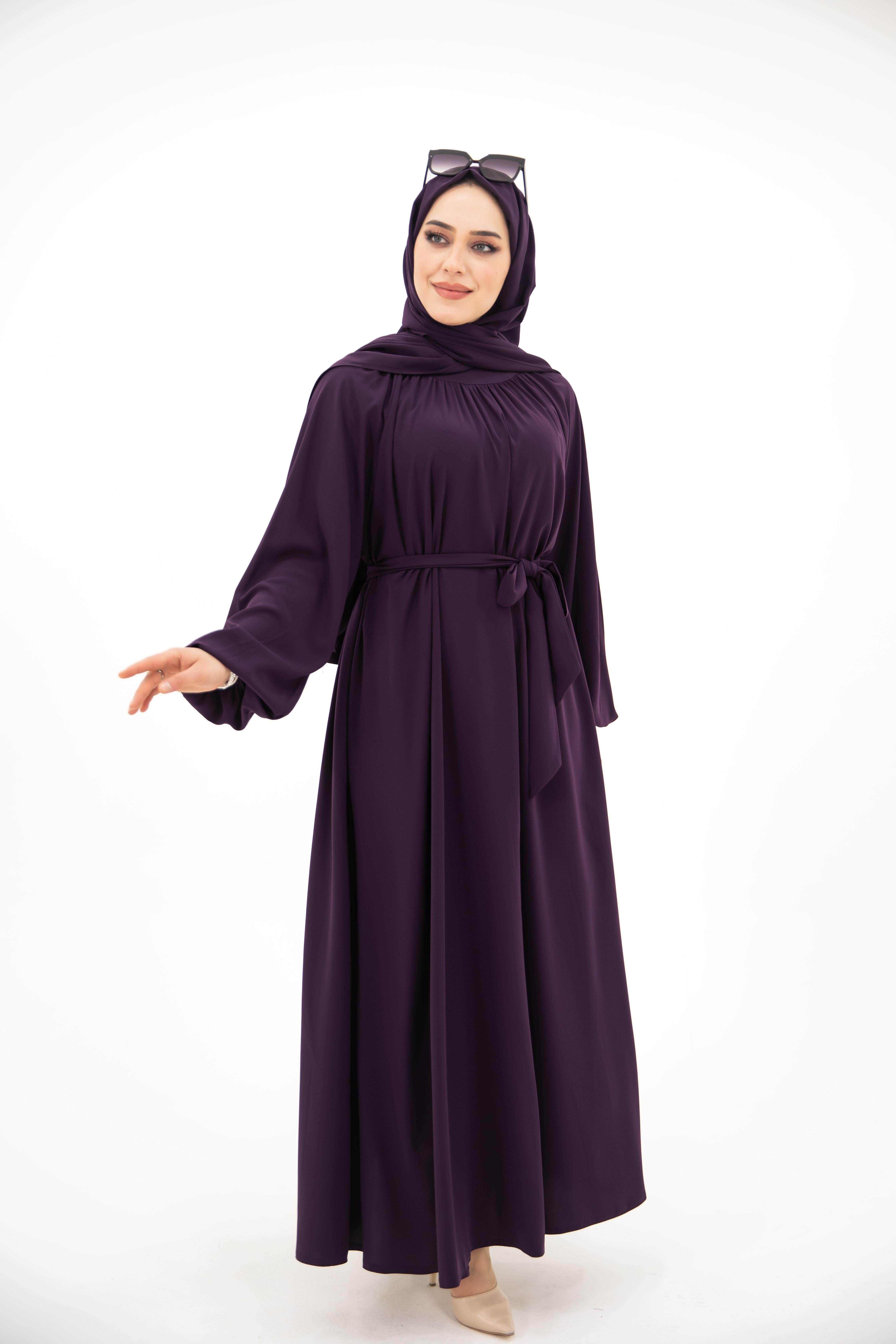 Yaka Büzgülü Elbise - Mürdüm