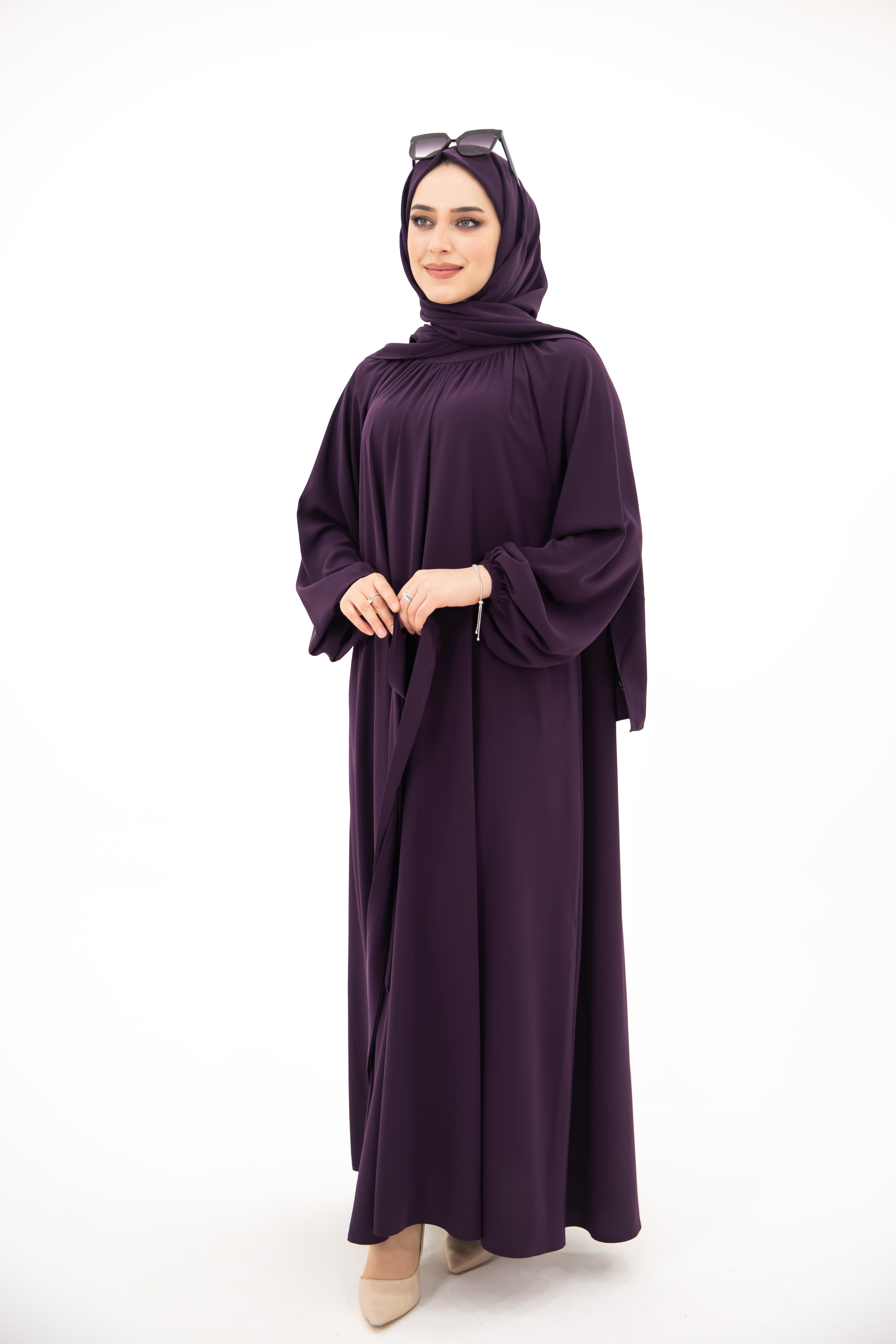 Yaka Büzgülü Elbise - Mürdüm