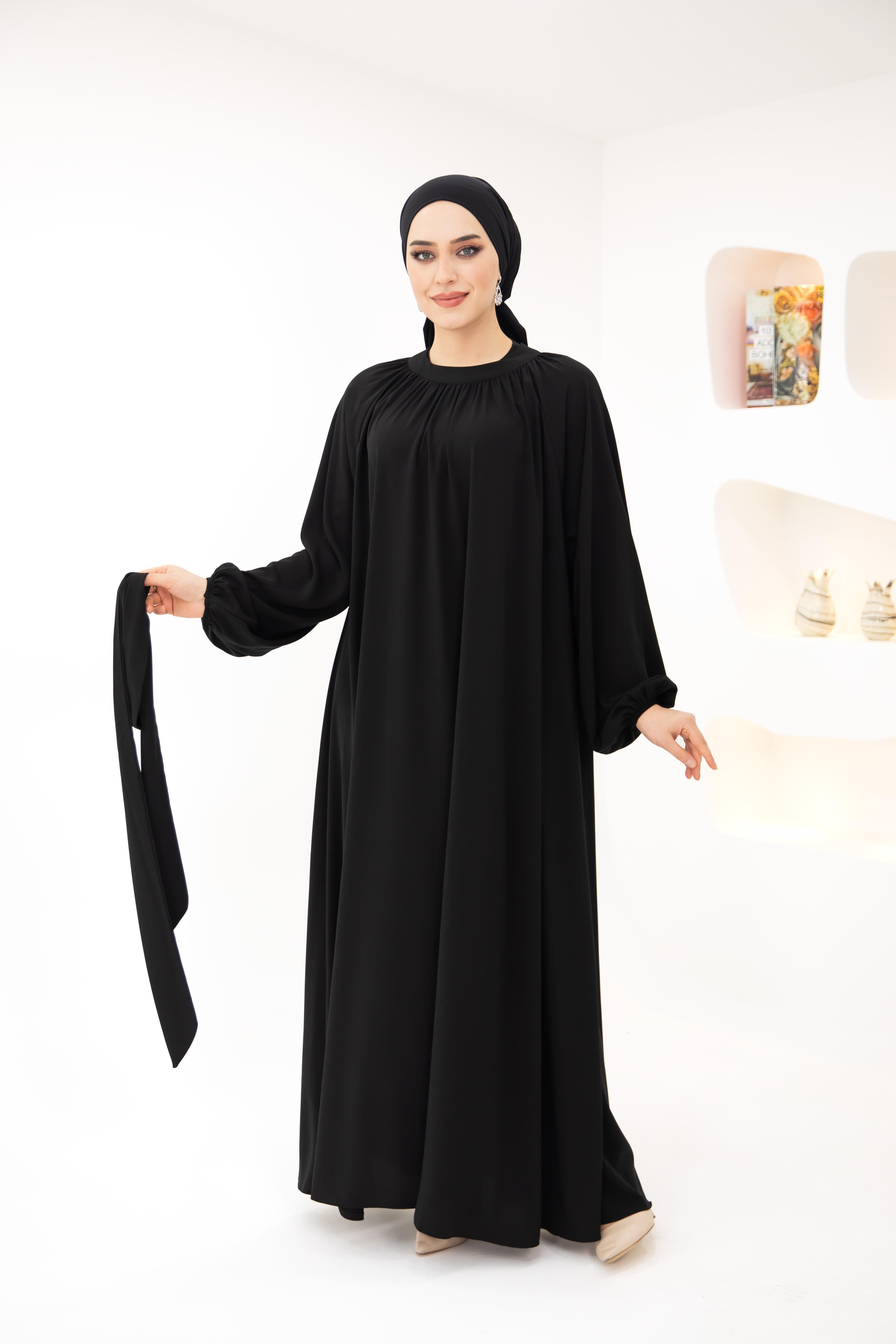 Yaka Büzgülü Elbise -  Siyah 