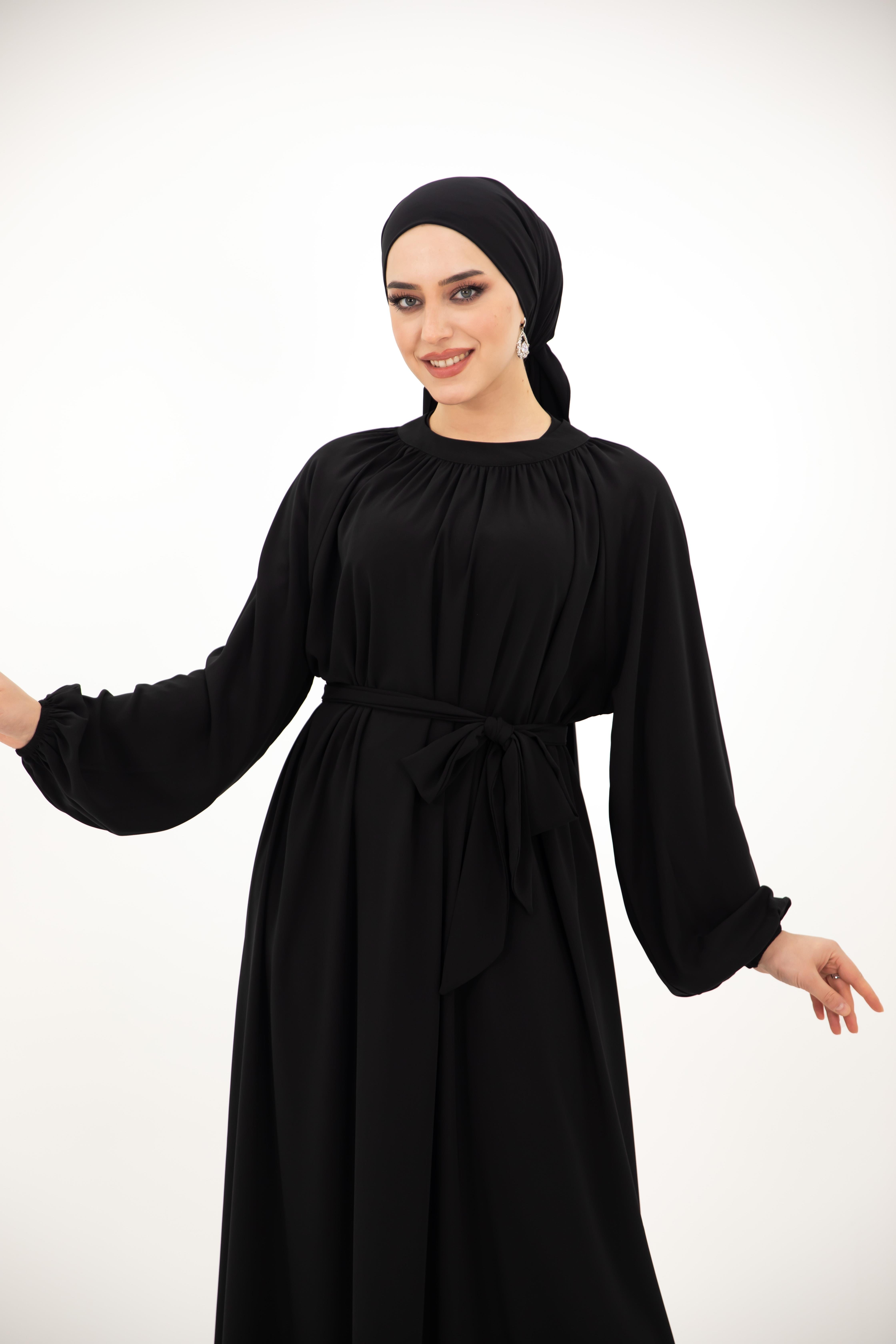 Yaka Büzgülü Elbise -  Siyah 