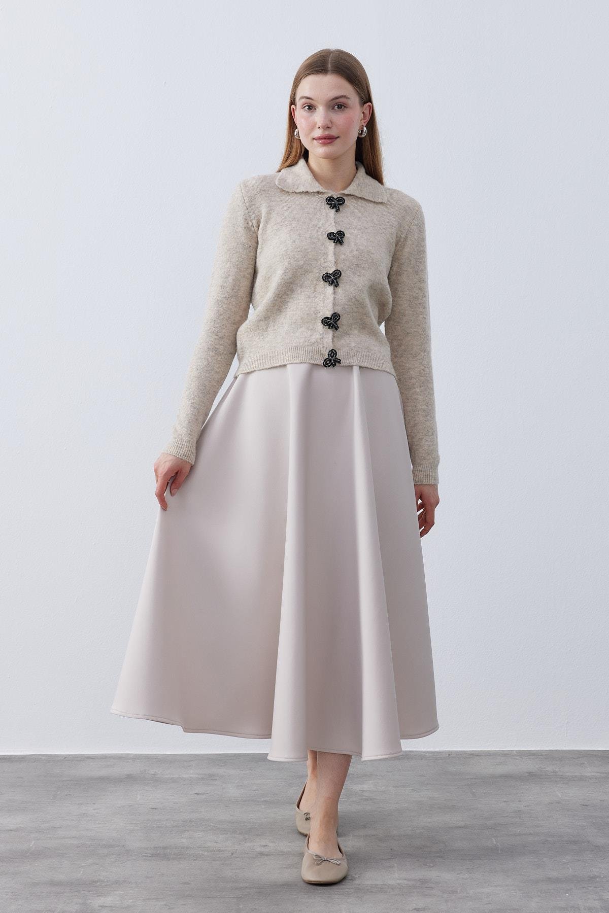  Evelina Fiyonk Detaylı Yün Karışımlı Triko Hırka- Vizon 