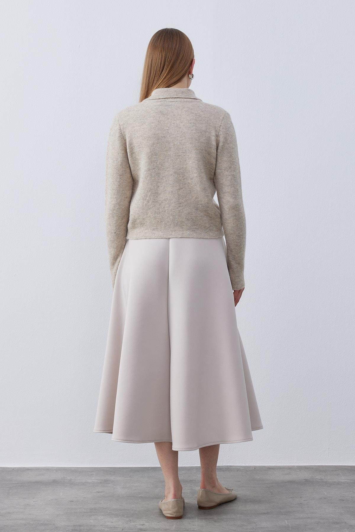  Evelina Fiyonk Detaylı Yün Karışımlı Triko Hırka- Vizon 