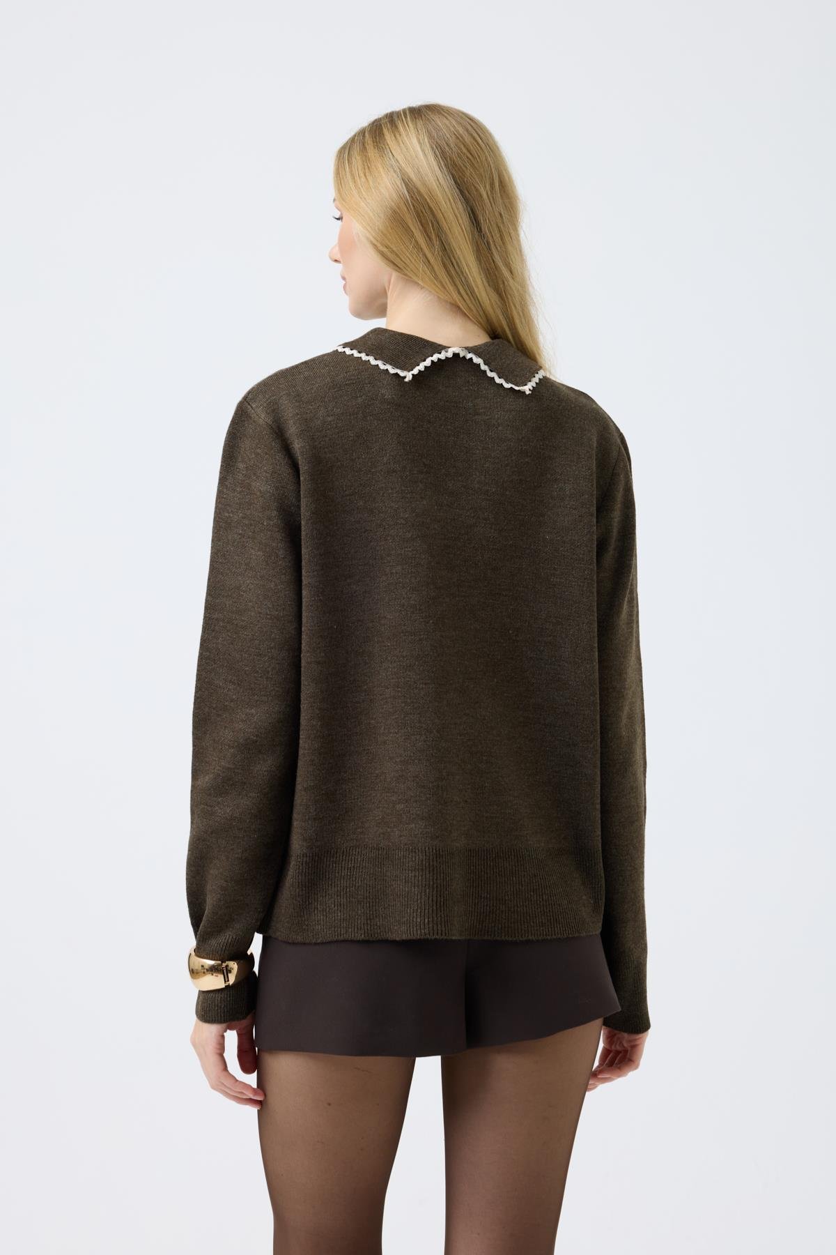  Navy Nakışlı Basic Kazak - Kahve 