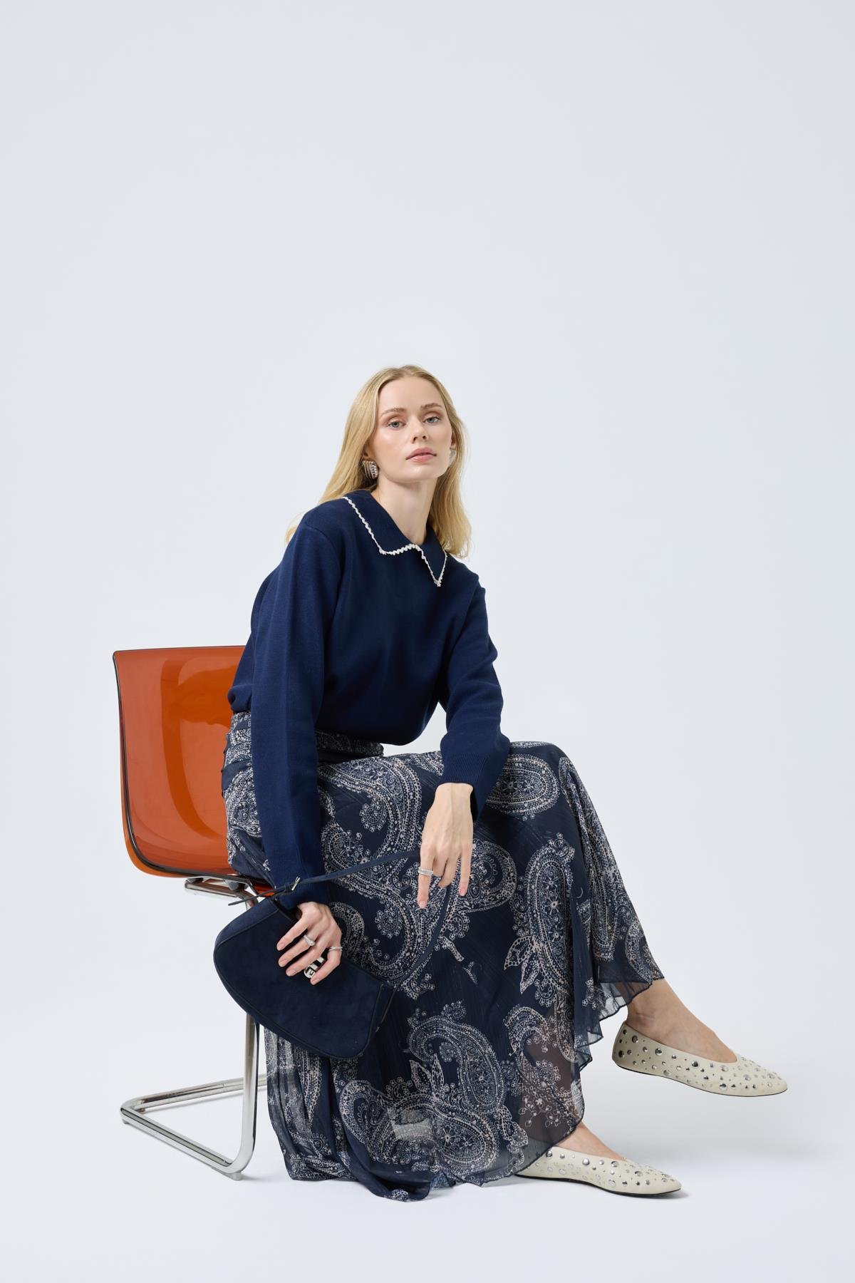  Navy Nakışlı Basic Kazak - Lacivert