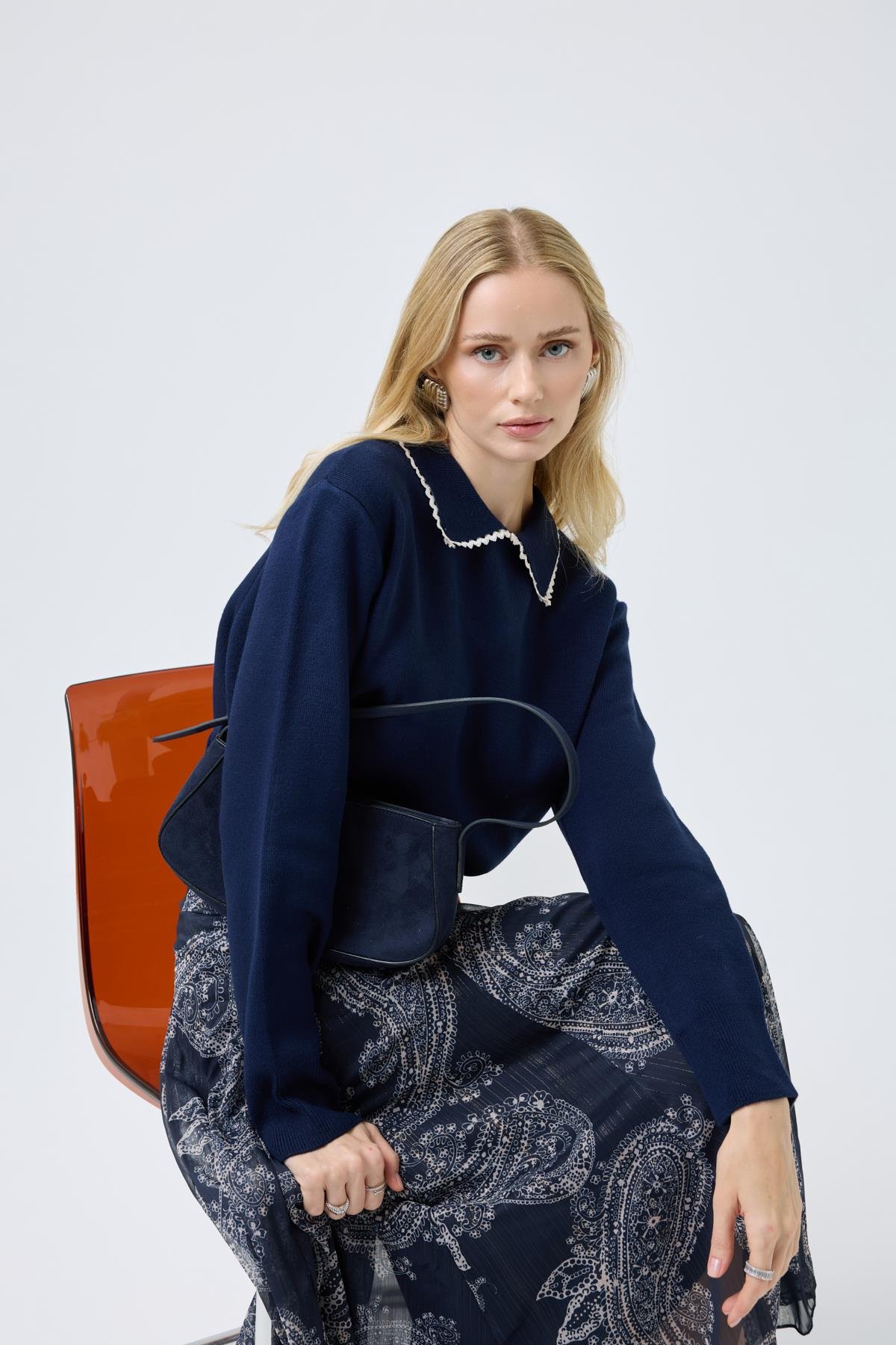  Navy Nakışlı Basic Kazak - Lacivert