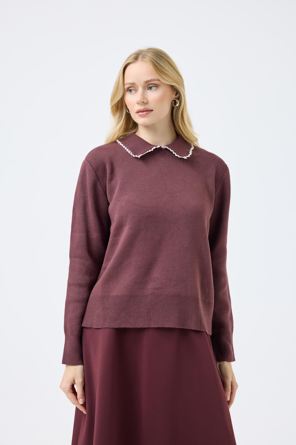  Navy Nakışlı Basic Kazak - Mürdüm 