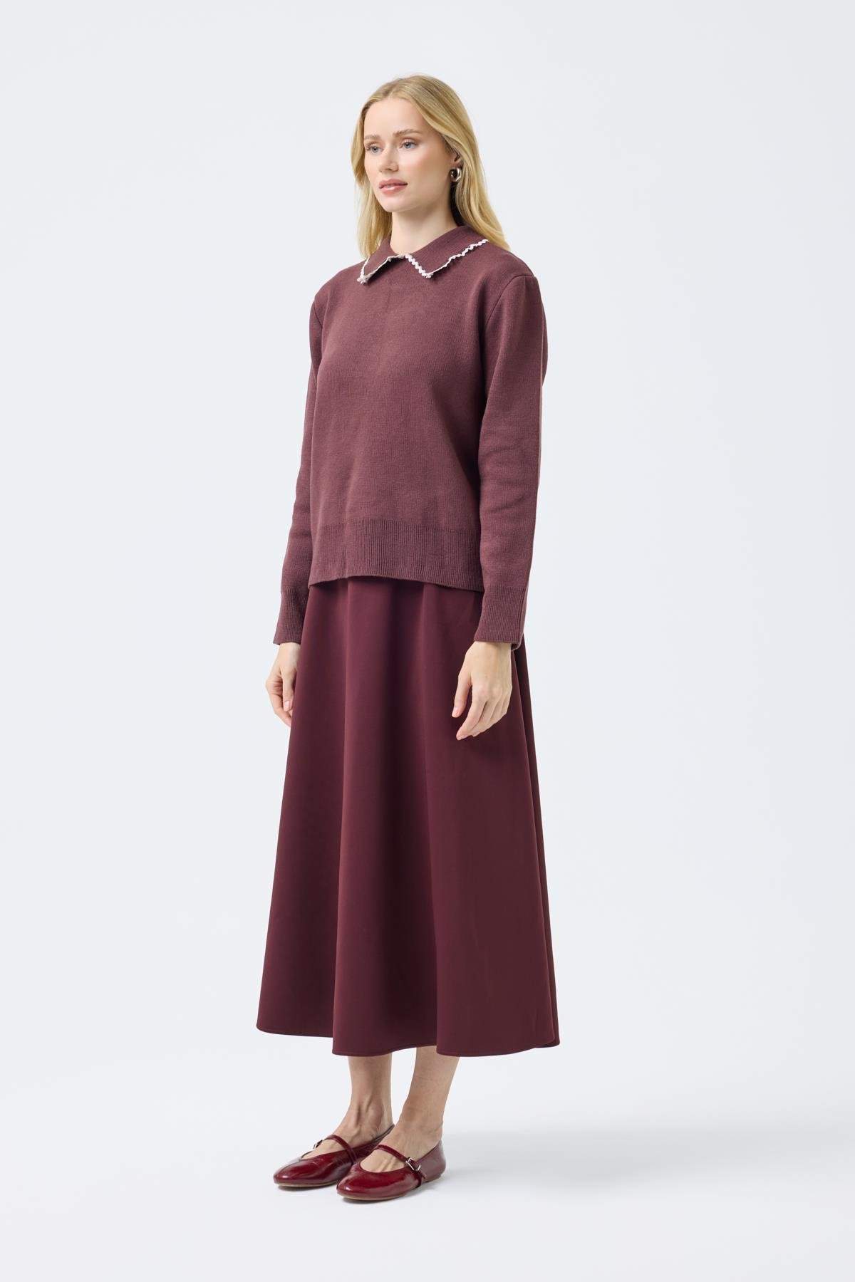  Navy Nakışlı Basic Kazak - Mürdüm 