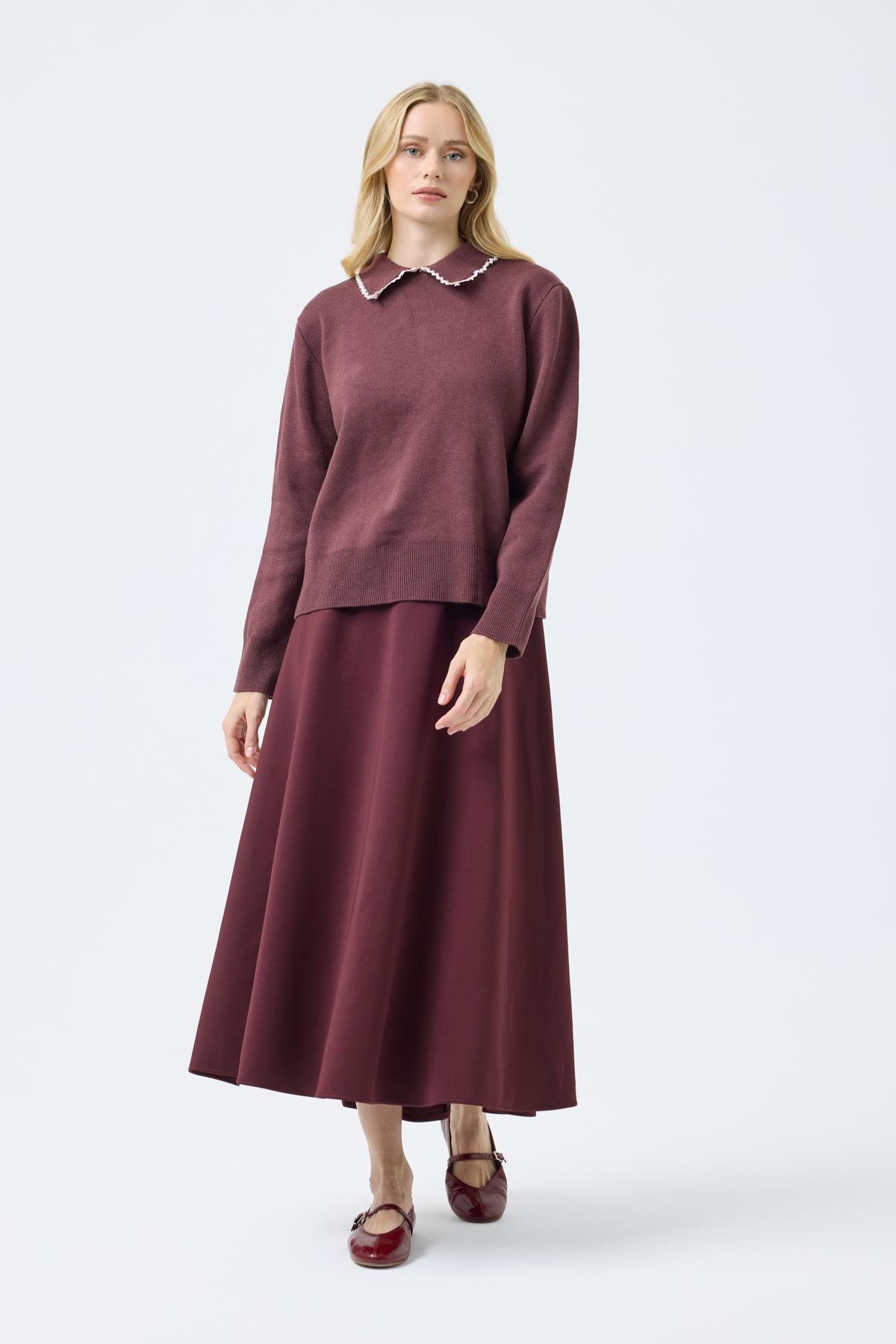  Navy Nakışlı Basic Kazak - Mürdüm 