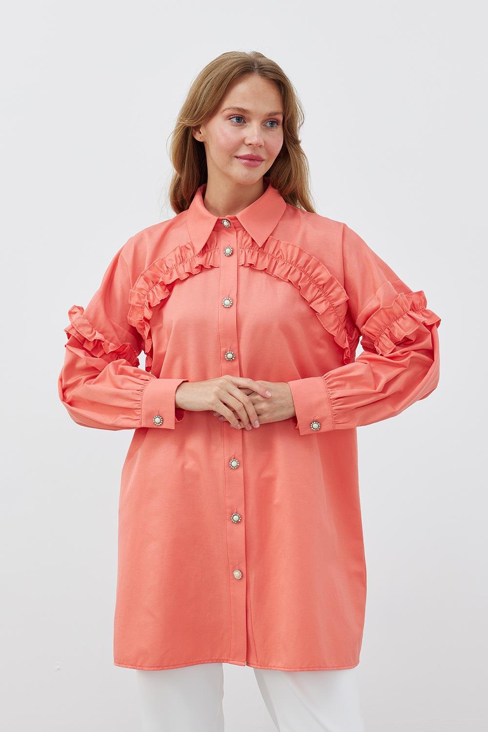 AÇELYA İNCİ DÜĞMELİ GÖMLEK - NAR ÇİÇEĞİ