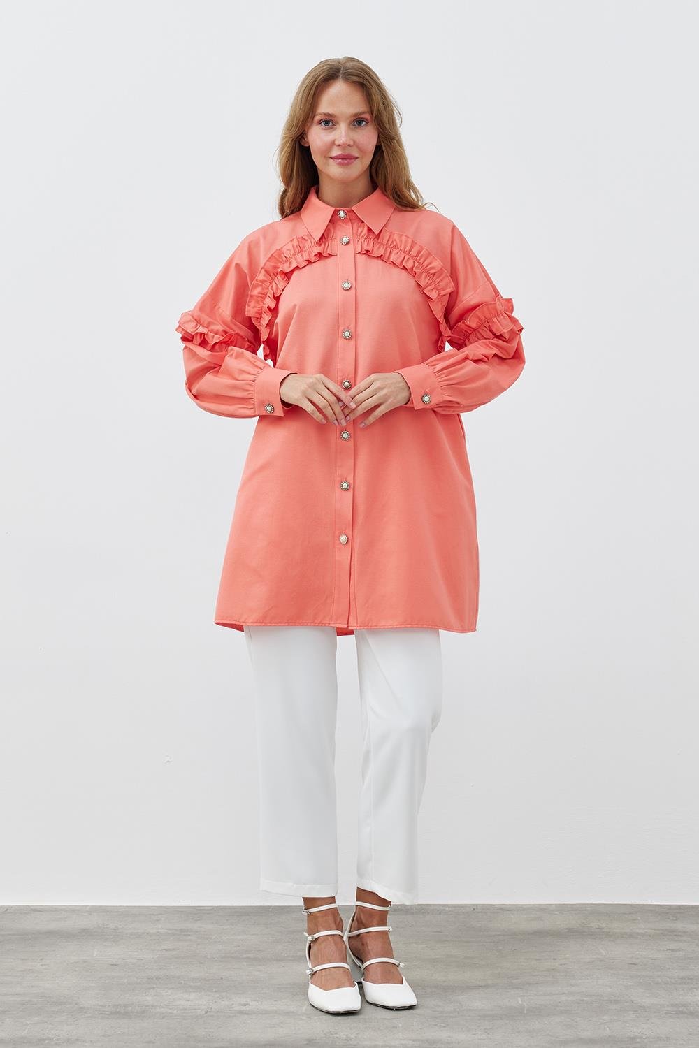 AÇELYA İNCİ DÜĞMELİ GÖMLEK - NAR ÇİÇEĞİ