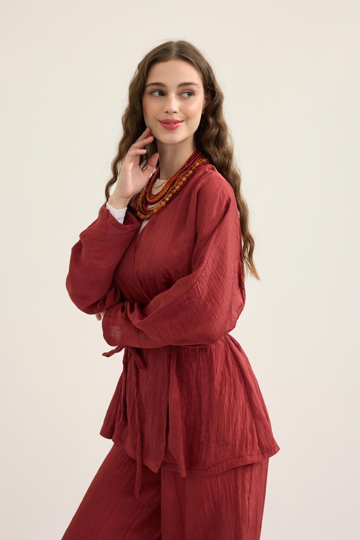 Ada Bağlamalı Pilili Takım - Bordo