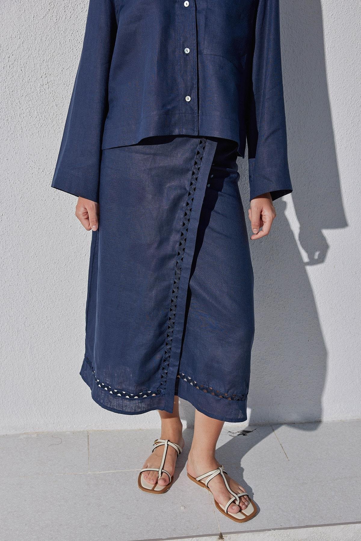 Aida Anvelop Linen Etek - Lacivert