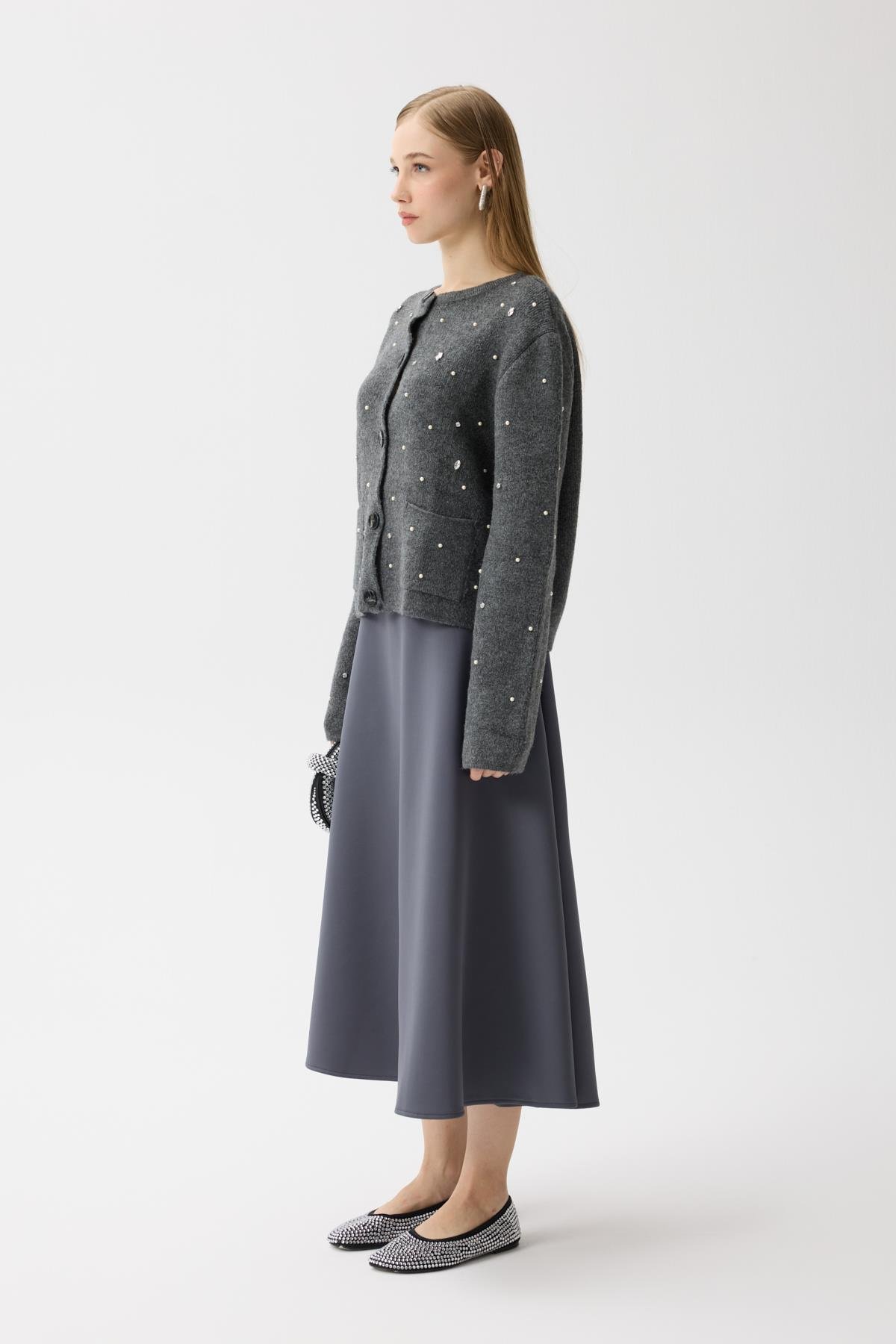 Alaia Taş İşlemeli Cepli Hırka - Antrasit