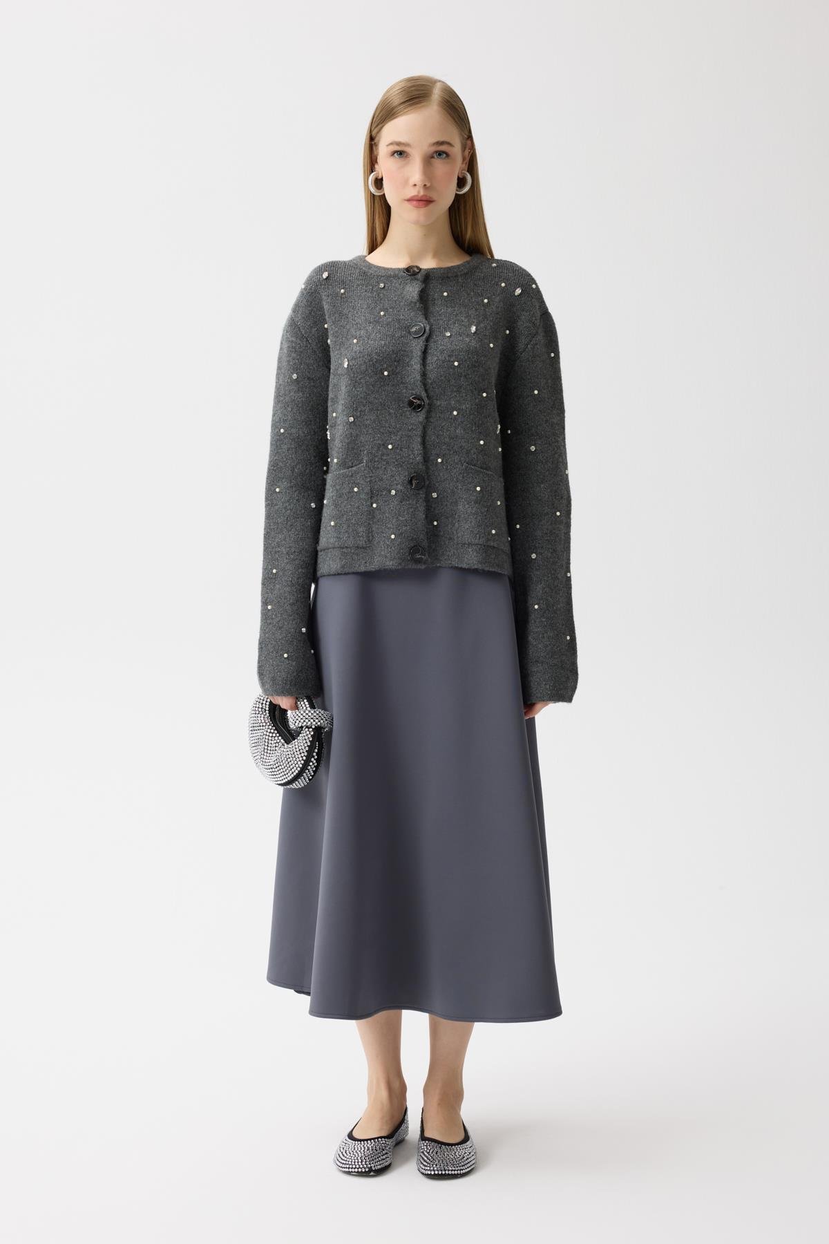 Alaia Taş İşlemeli Cepli Hırka - Antrasit