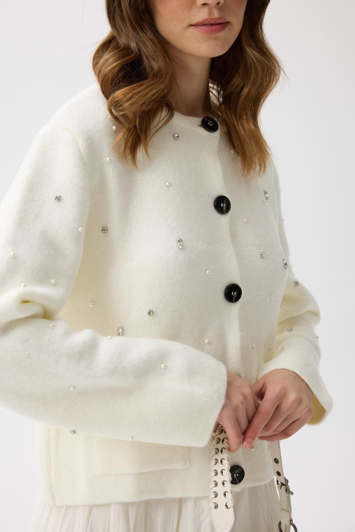 Alaia Taş İşlemeli Cepli Hırka - Ekru 