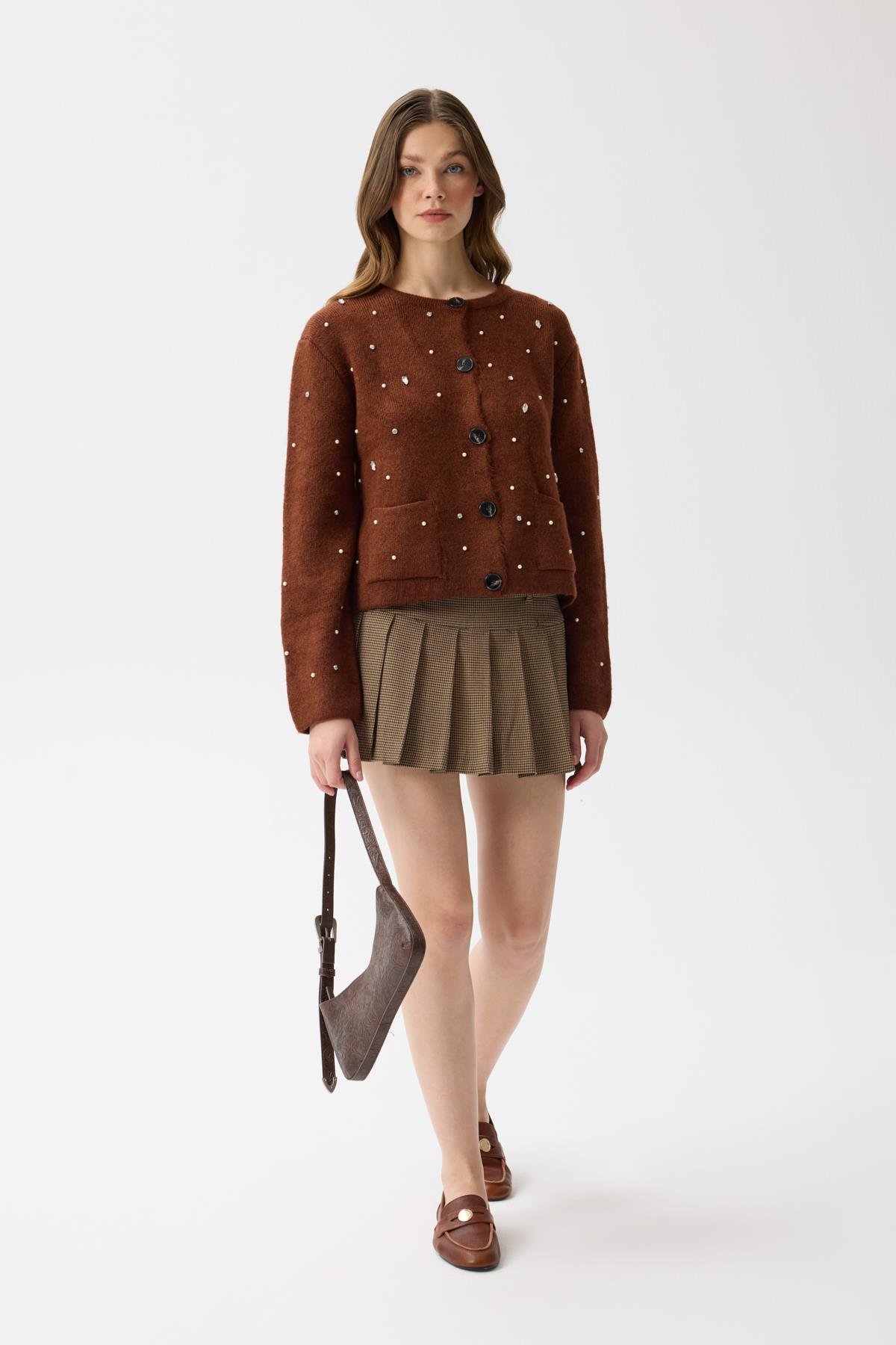 Alaia Taş İşlemeli Cepli Hırka - Kahverengi 