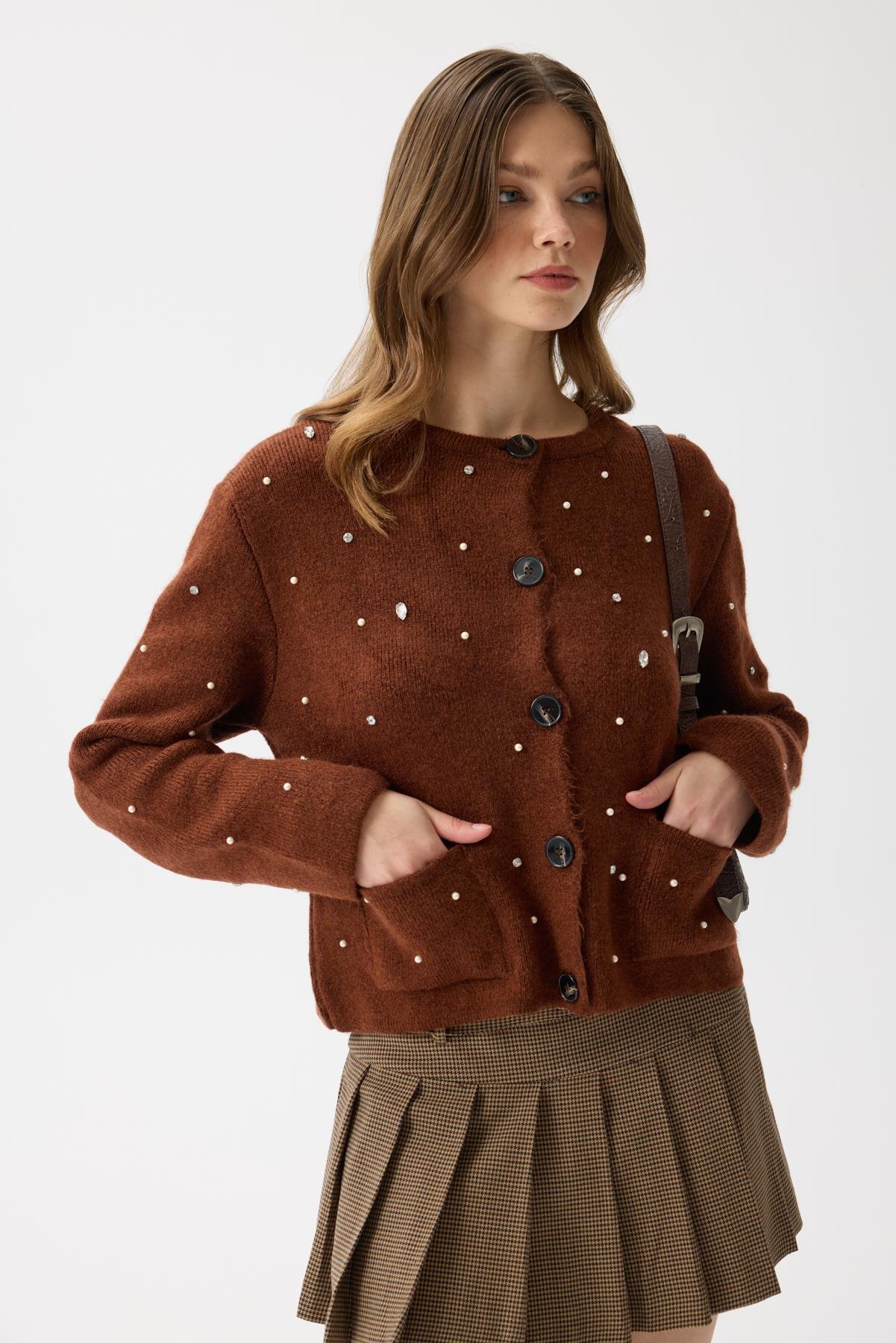 Alaia Taş İşlemeli Cepli Hırka - Kahverengi 