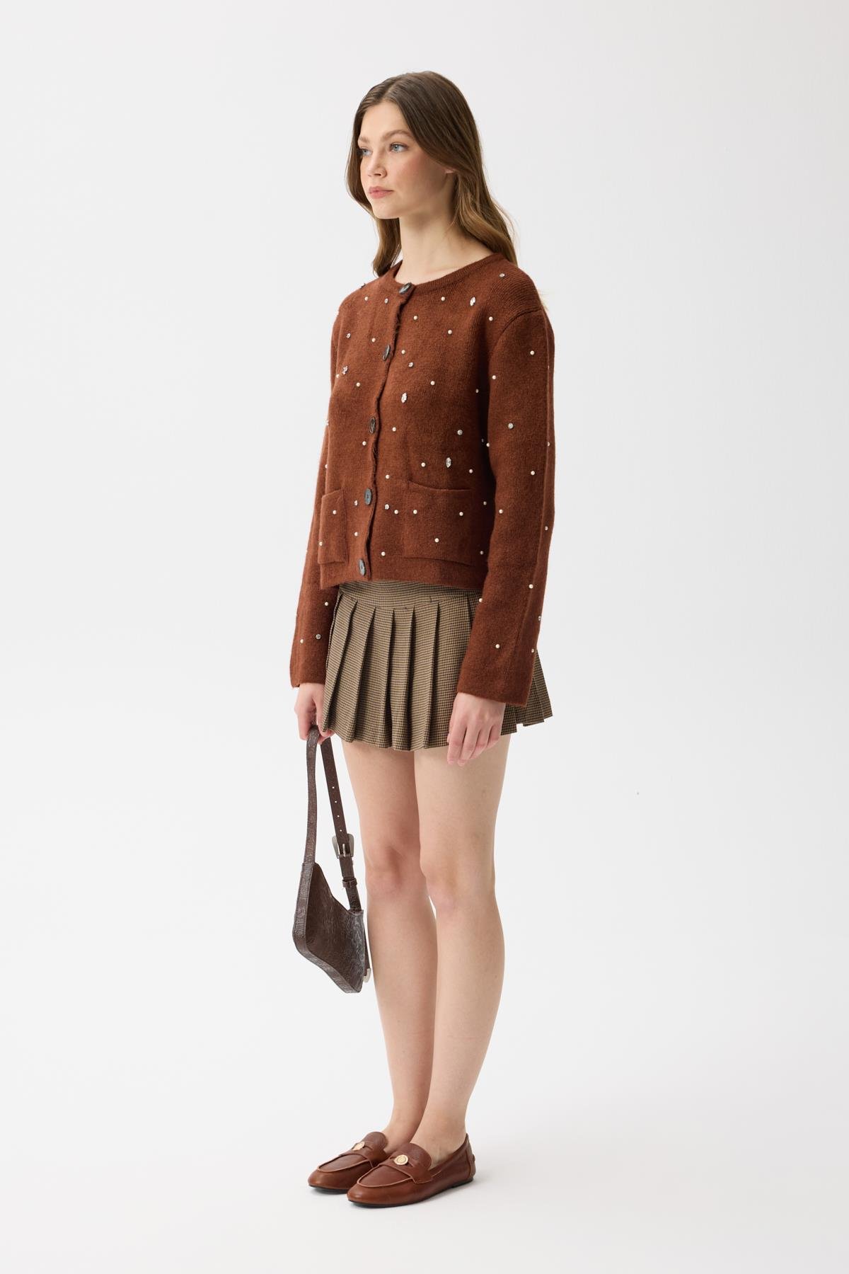 Alaia Taş İşlemeli Cepli Hırka - Kahverengi 