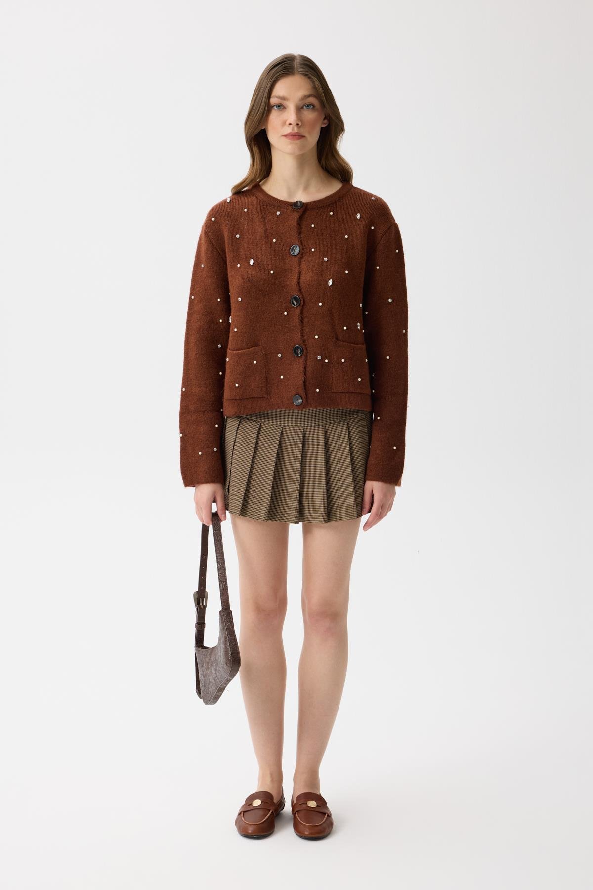 Alaia Taş İşlemeli Cepli Hırka - Kahverengi 