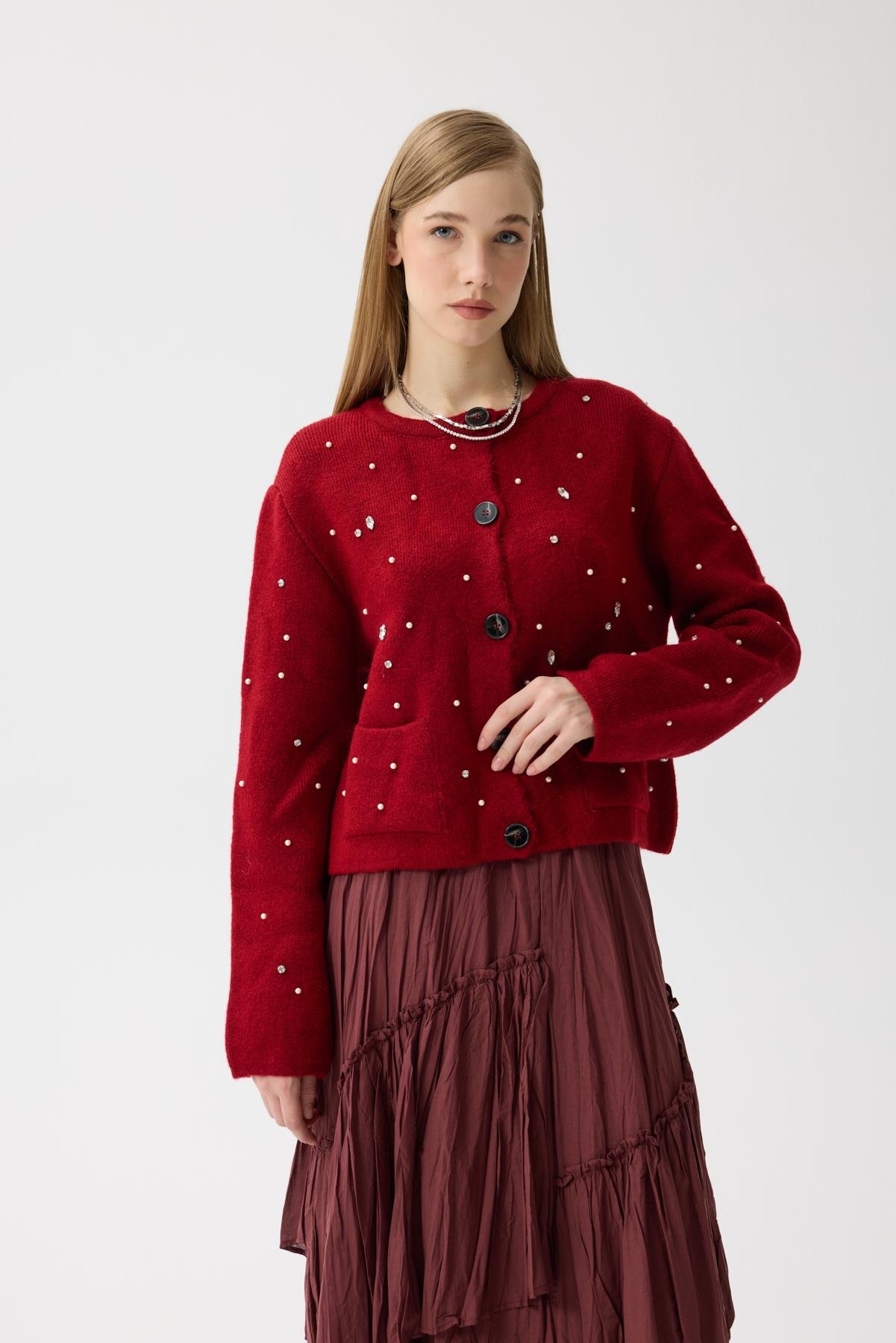 Alaia Taş İşlemeli Cepli Hırka - Kırmızı