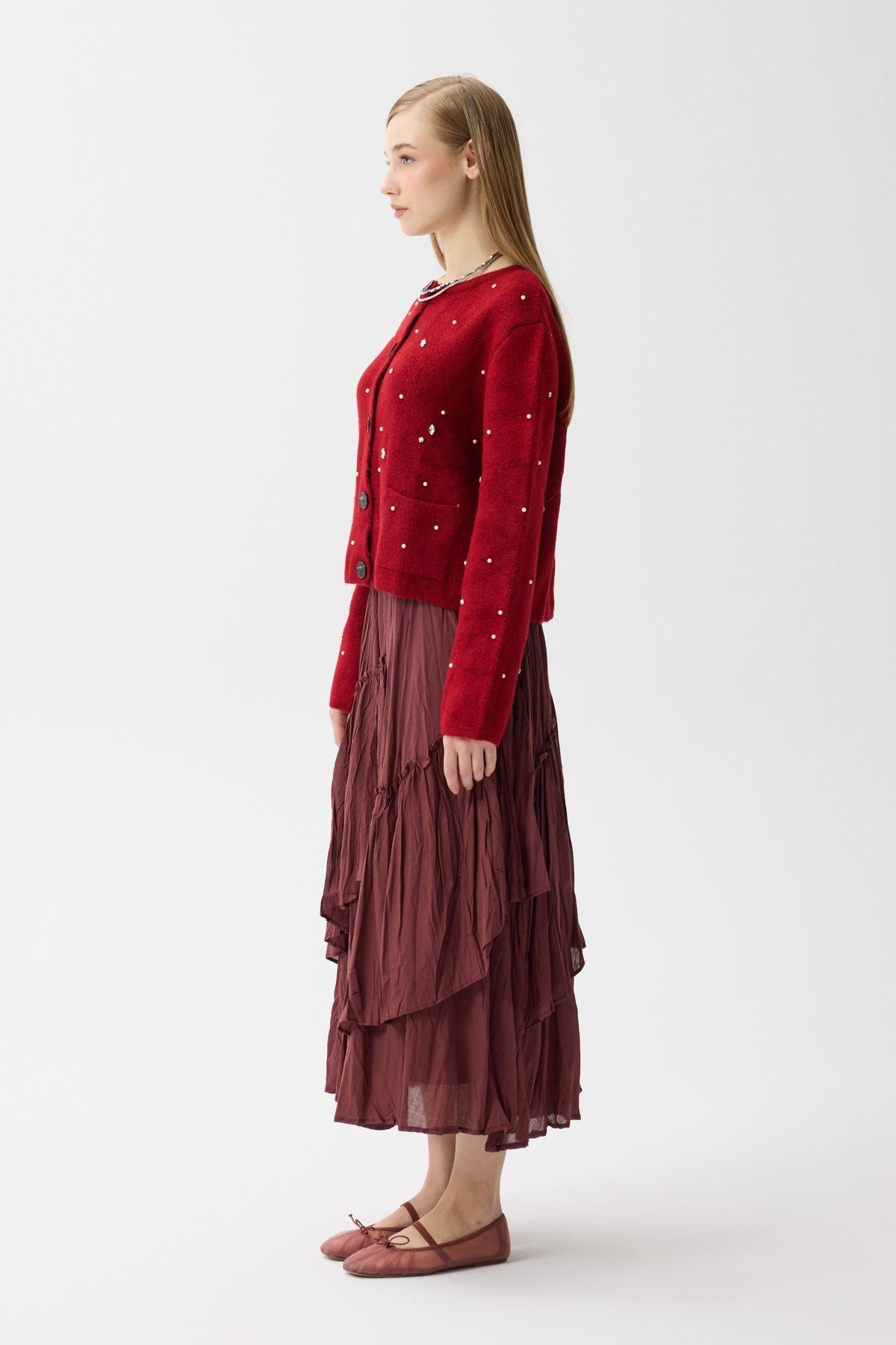 Alaia Taş İşlemeli Cepli Hırka - Kırmızı