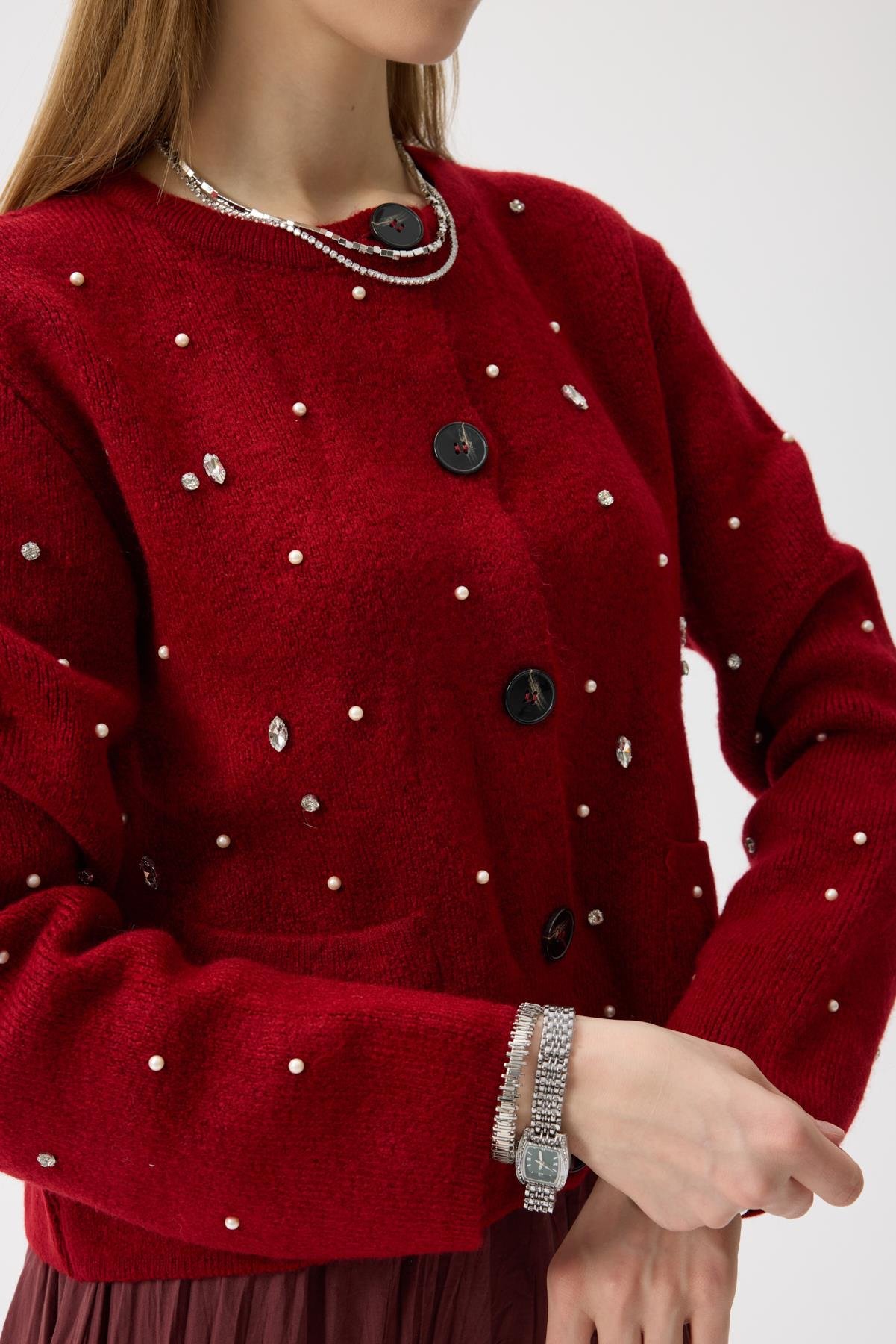 Alaia Taş İşlemeli Cepli Hırka - Kırmızı