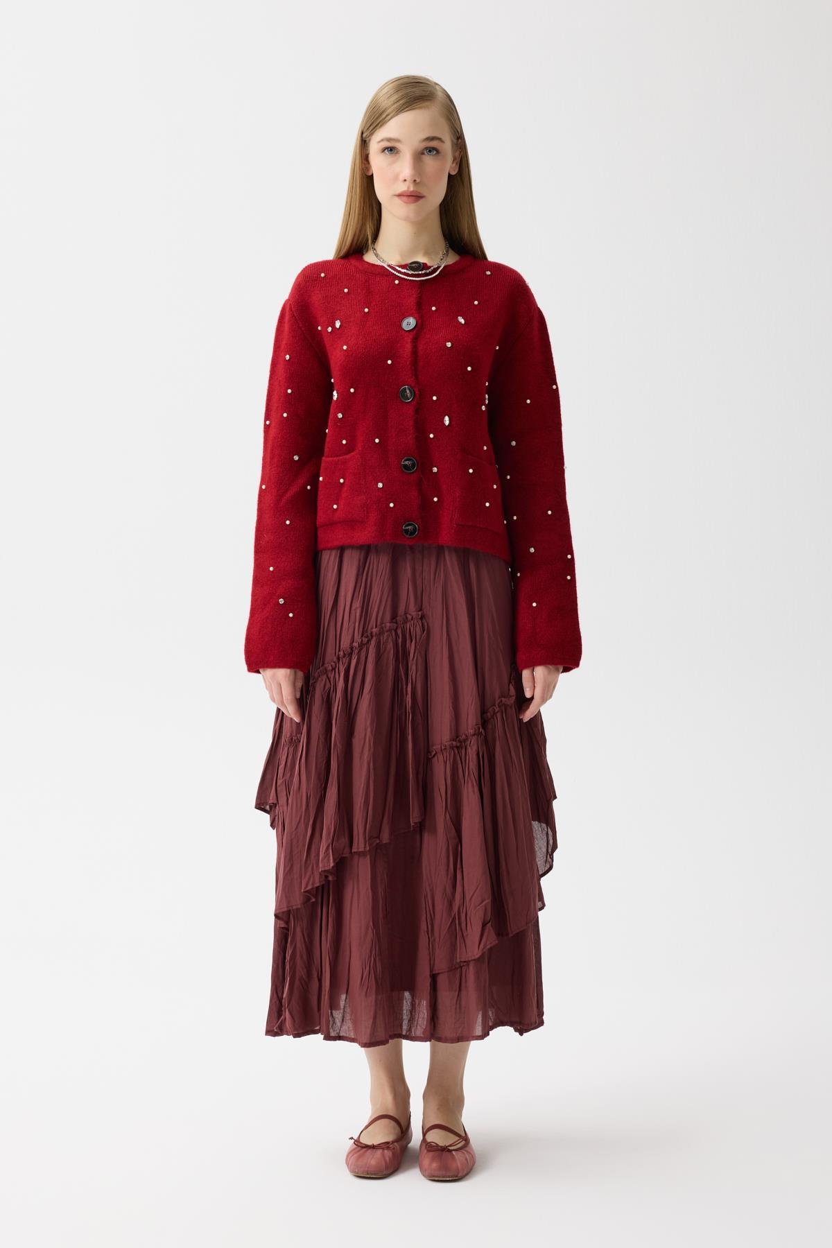 Alaia Taş İşlemeli Cepli Hırka - Kırmızı