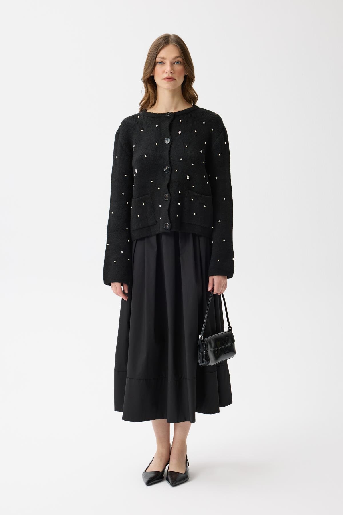 Alaia Taş İşlemeli Cepli Hırka - Siyah