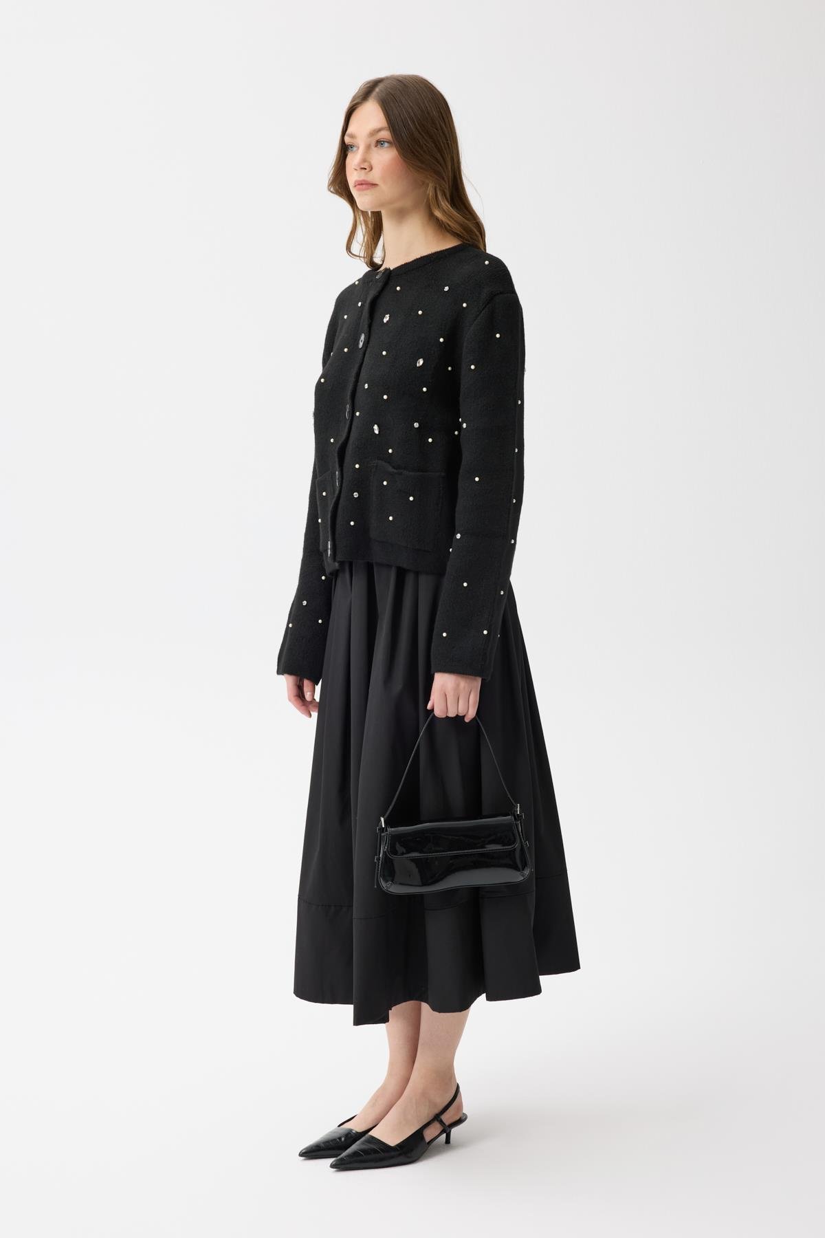 Alaia Taş İşlemeli Cepli Hırka - Siyah