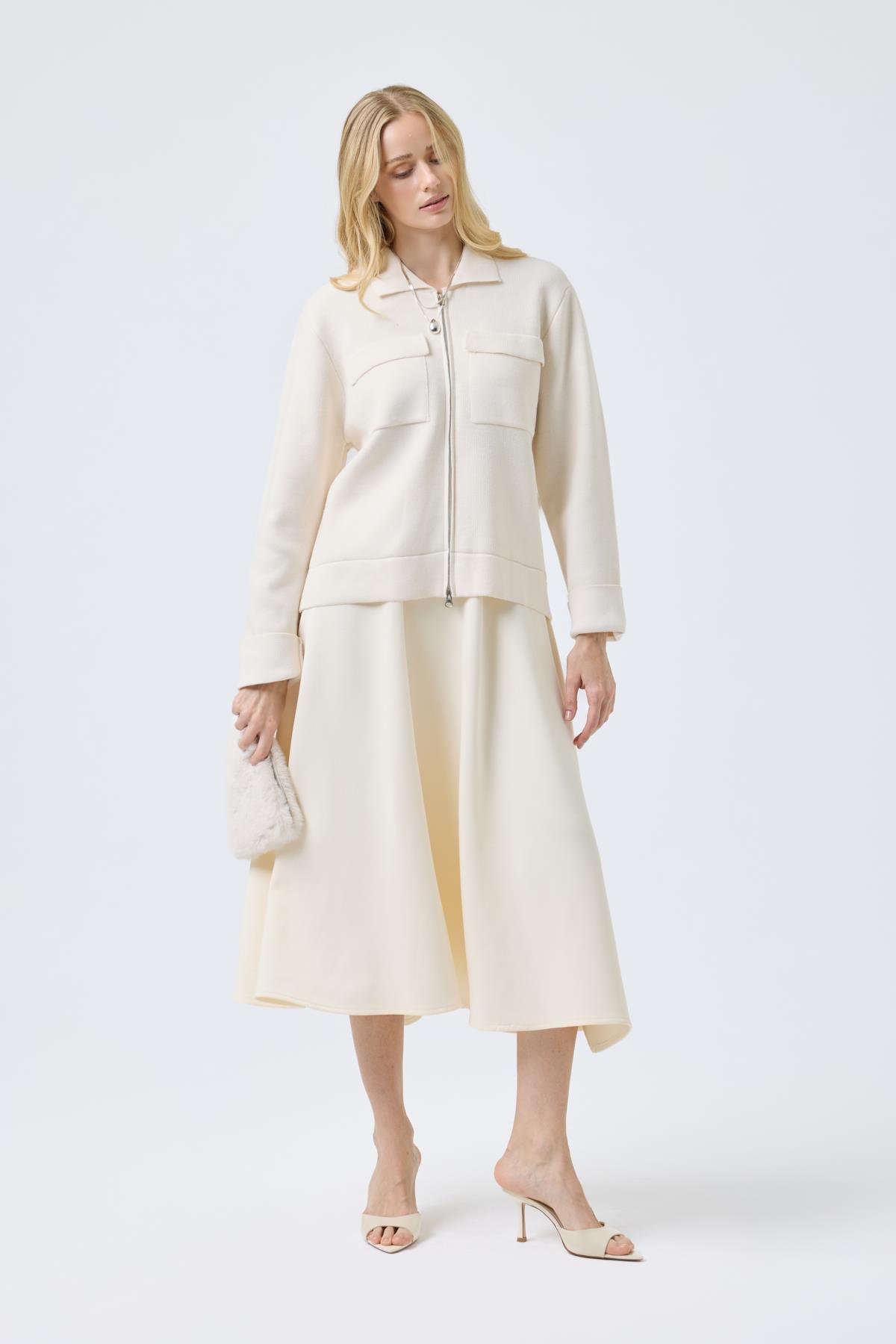 Alba Cepli Fermuarlı Hırka  - Krem   