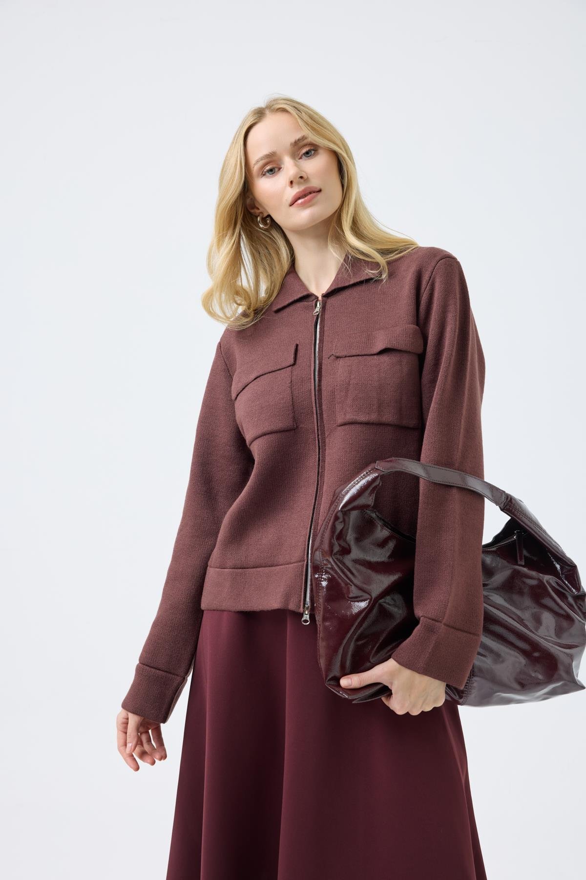 Alba Cepli Fermuarlı Hırka  - Mürdüm 