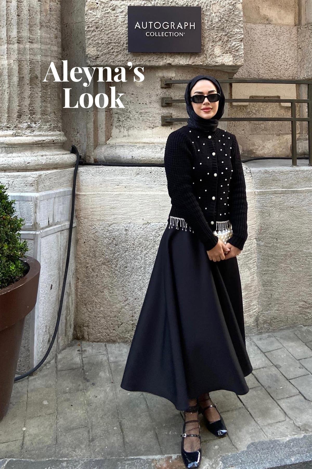 Aleyna'nın Alice Suni İnci Detaylı Triko Hırka ve Pandora Skuba Kloş Etek Kombini